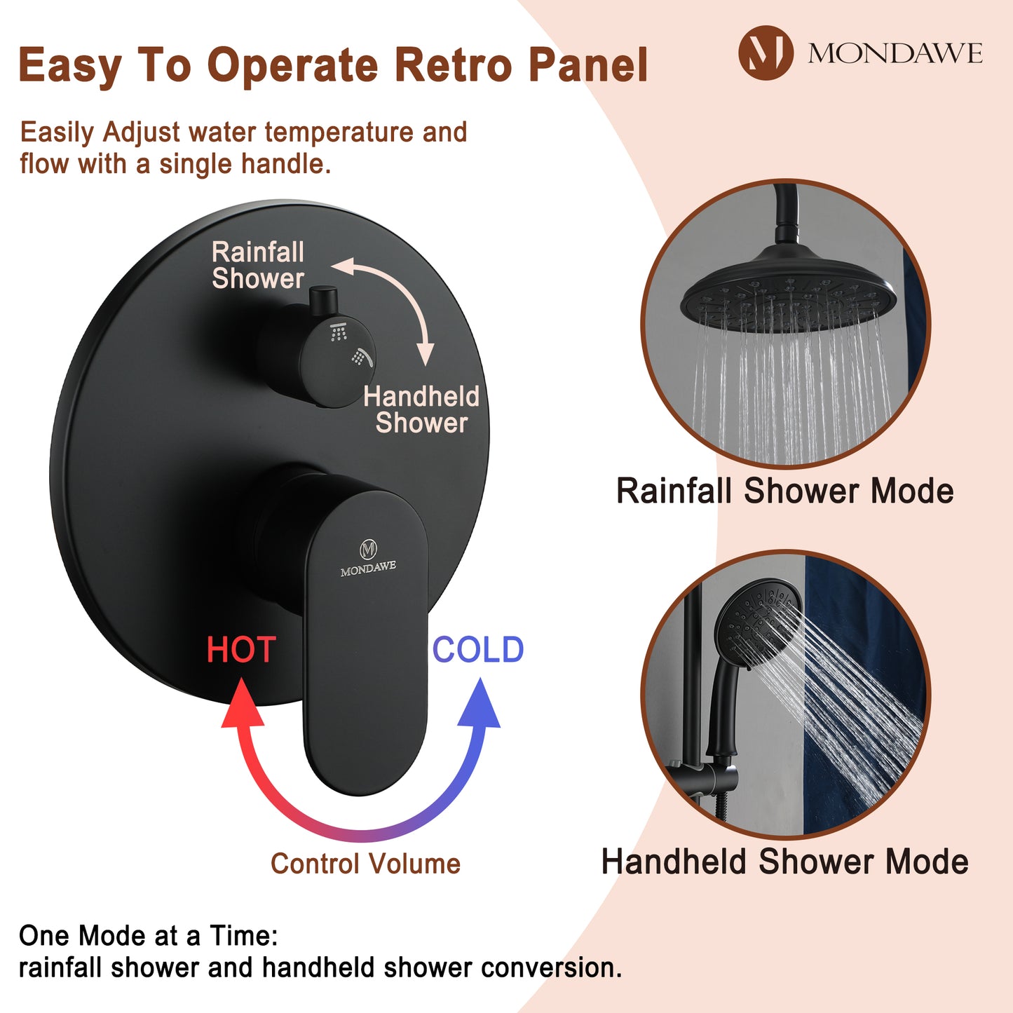 Mondawe Retro Series 2-Spray Patterns with 1.8 GPM 8 in. Rain Wall Mount Dual Shower Heads with Handheld and Spout in Brushed Nickel/ Black/ Bronze/Brushed Gold