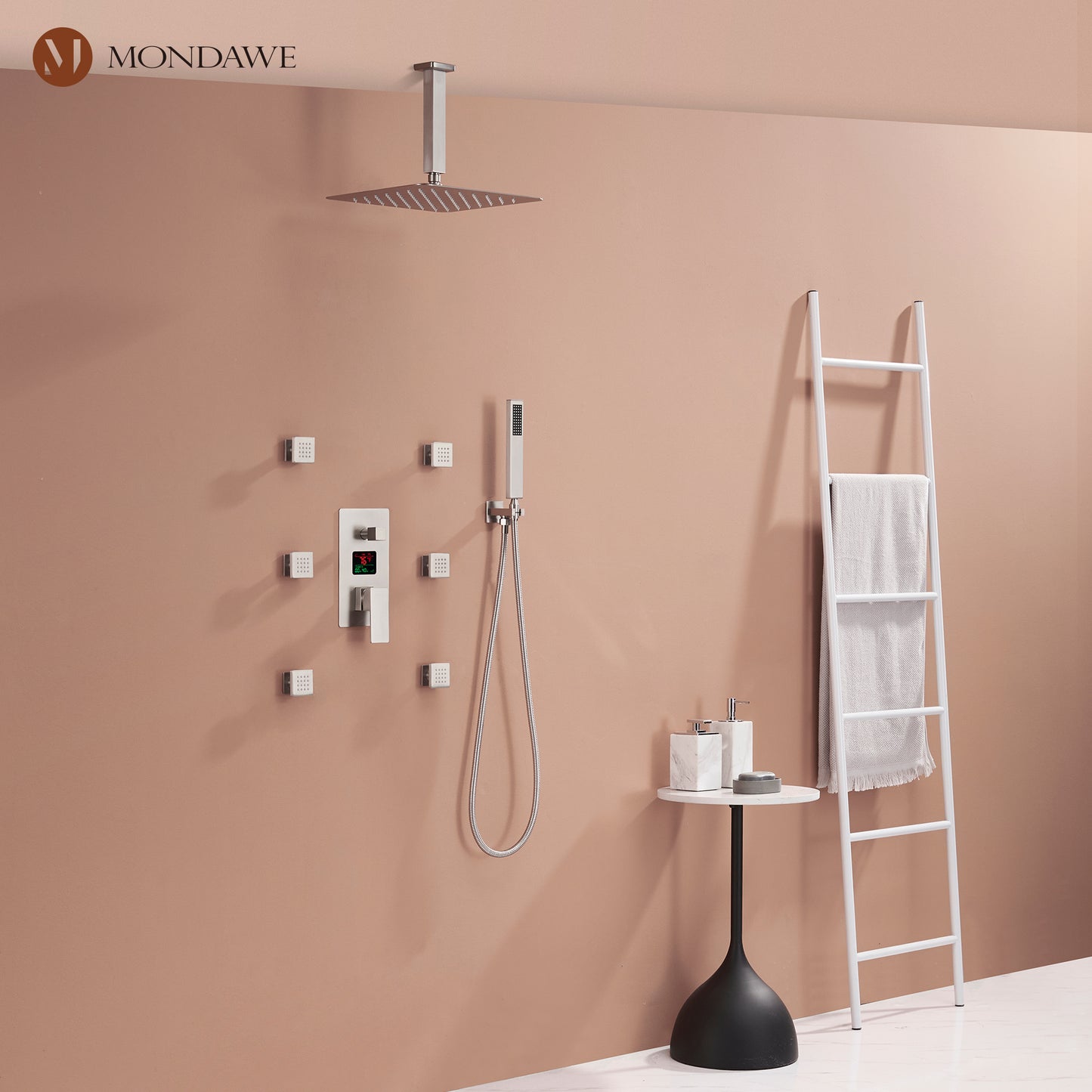 Mondawe Celling Mount Thermostatic Rain Shower System with Handheld Shower, Wall Body Jets and Digital Display