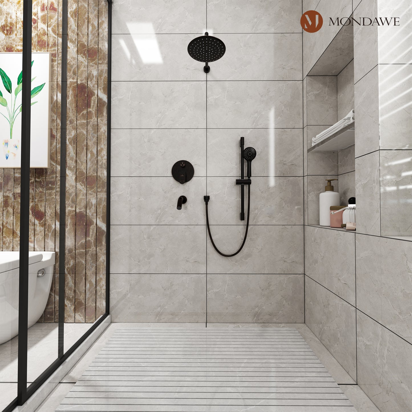 Mondawe Retro Series 3-Spray Patterns with 1.8 GPM 9 in. Rain Wall Mount Dual Shower Heads with Handheld and Spout in Brushed Nickel/ Black/ Bronze/Brushed Gold