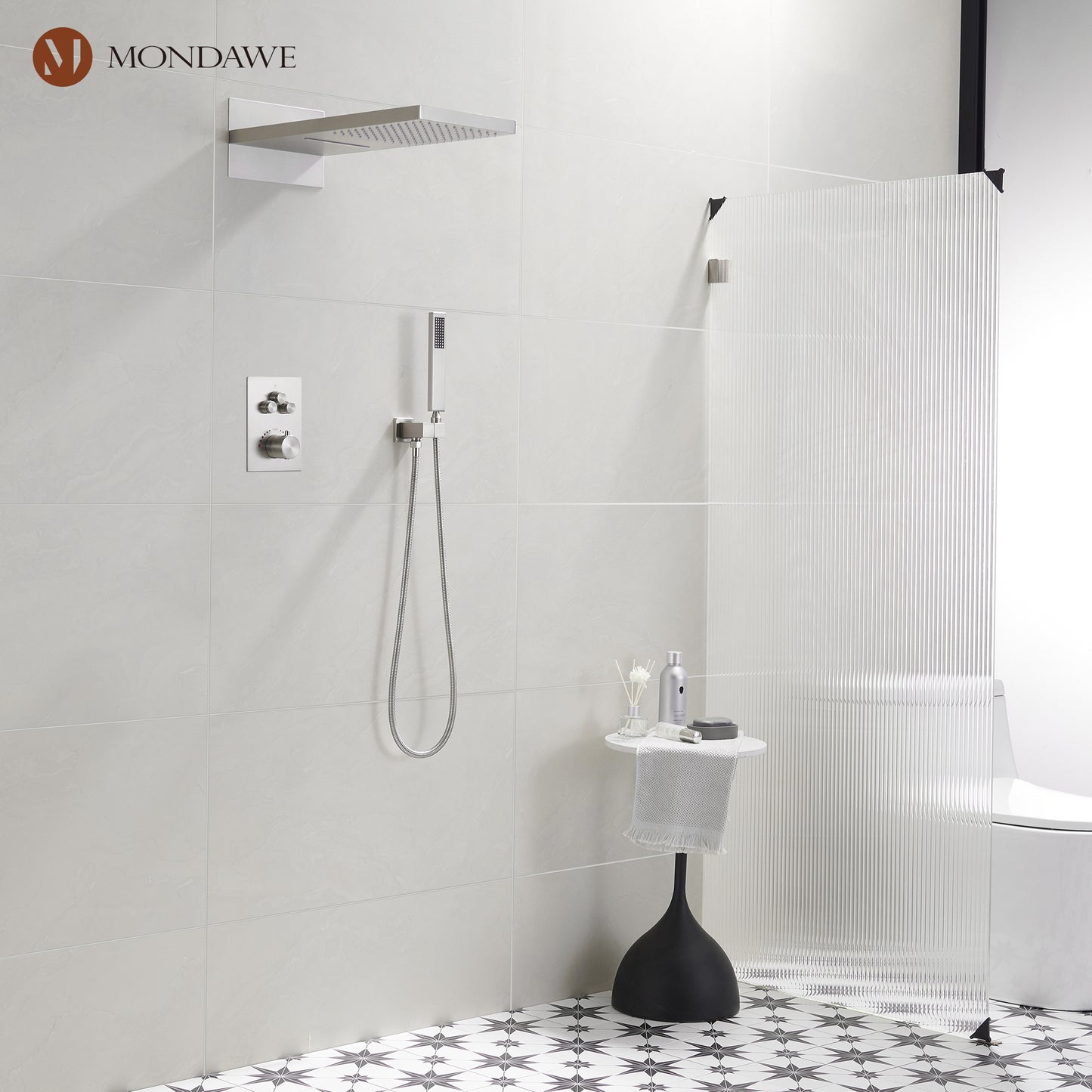 Mondawe 2 Functions Wall Mount Luxury Thermostatic Complete Shower System (Rough-In Valve Included) in Nickel/Black