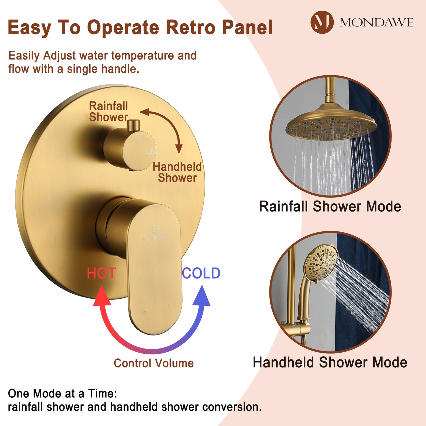 Mondawe Retro Series 2-Spray Patterns with 1.8 GPM 8 in. Rain Wall Mount Dual Shower Heads with Handheld and Spout in Brushed Nickel/ Black/ Bronze/Brushed Gold