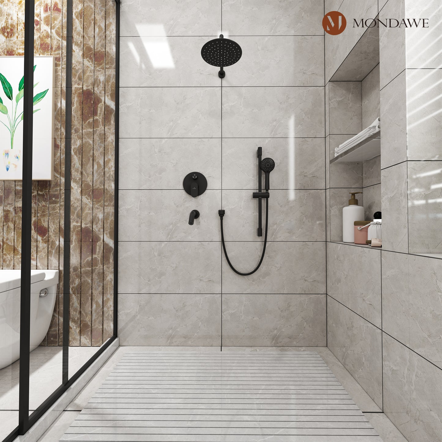 Mondawe Retro Series 3-Spray Patterns with 1.8 GPM 9 in. Rain Wall Mount Dual Shower Heads with Handheld and Spout in Brushed Nickel/ Black/ Bronze/Brushed Gold