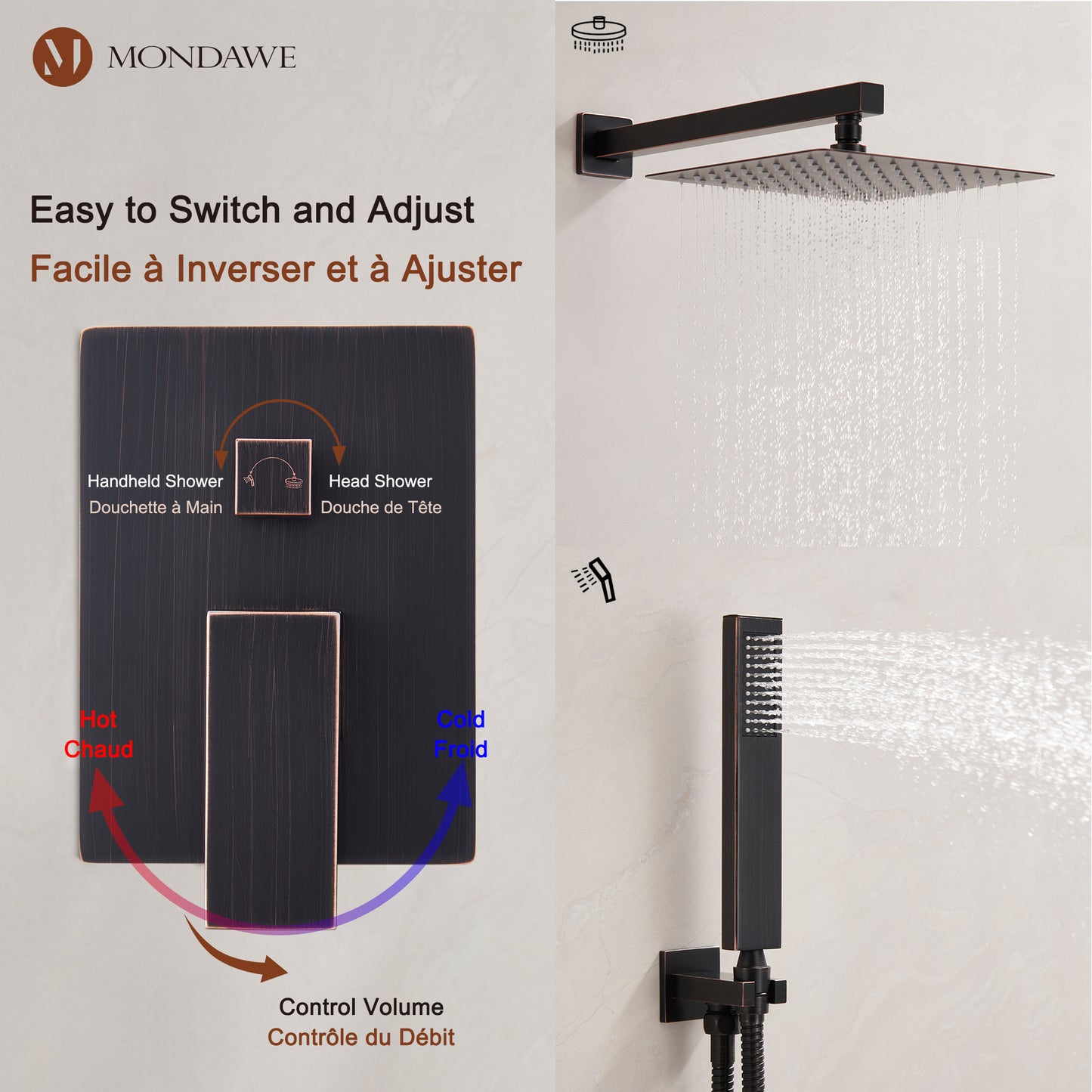 Mondawe 2 Functions Wall Mount Square Complete Shower System with 2.5 GPM 10 in Black/Rose Gold