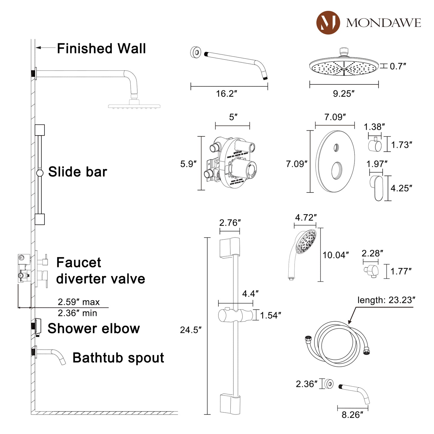 Mondawe Retro Series 3-Spray Patterns with 1.8 GPM 9 in. Rain Wall Mount Dual Shower Heads with Handheld and Spout in Brushed Nickel/ Black/ Bronze/Brushed Gold