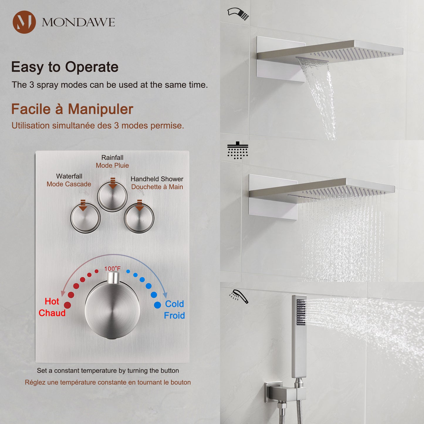 Mondawe 2 Functions Wall Mount Luxury Thermostatic Complete Shower System (Rough-In Valve Included) in Nickel/Black