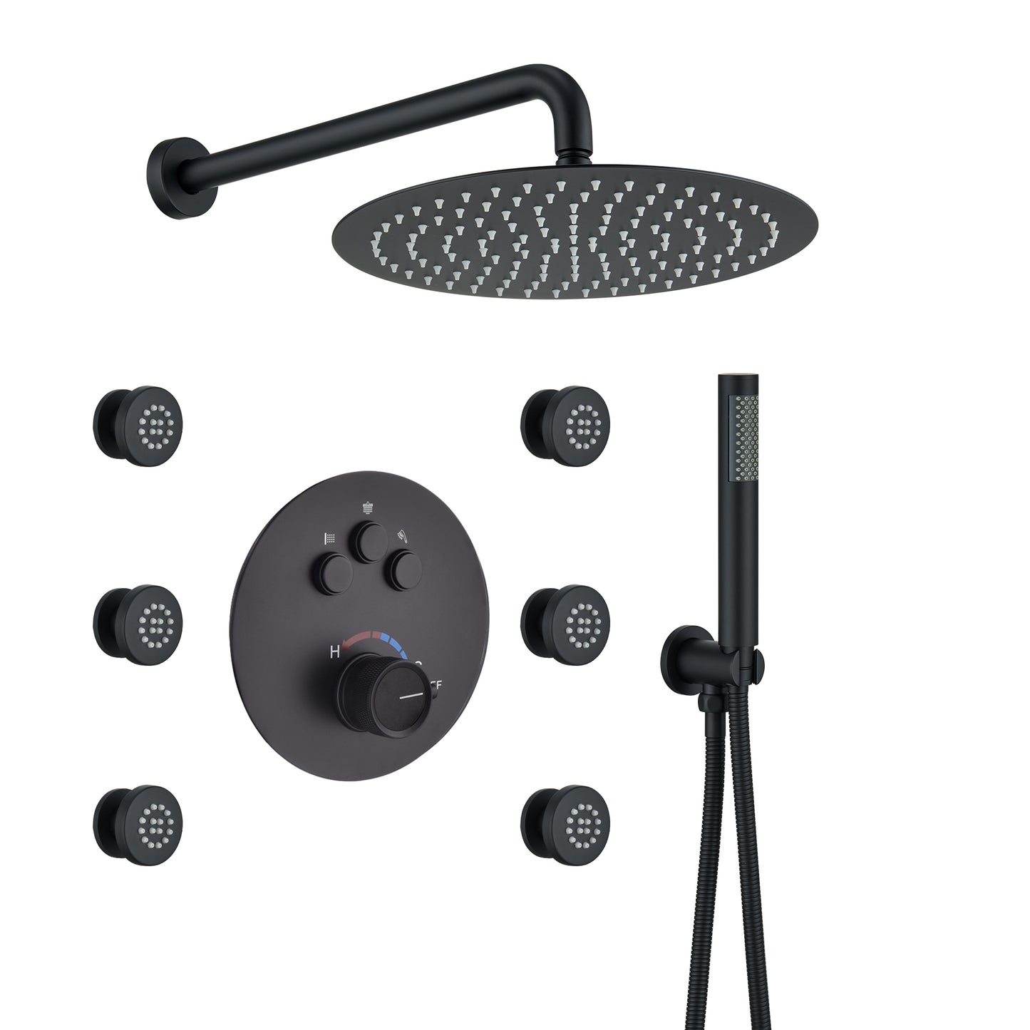 Mondawe Round Shower System With Body Jet,12 inch Wall Mounted High-Pressure Rainfall Shower Head Handheld and 6 pcs Body Sprays,Rain Shower Mixer Combo Set