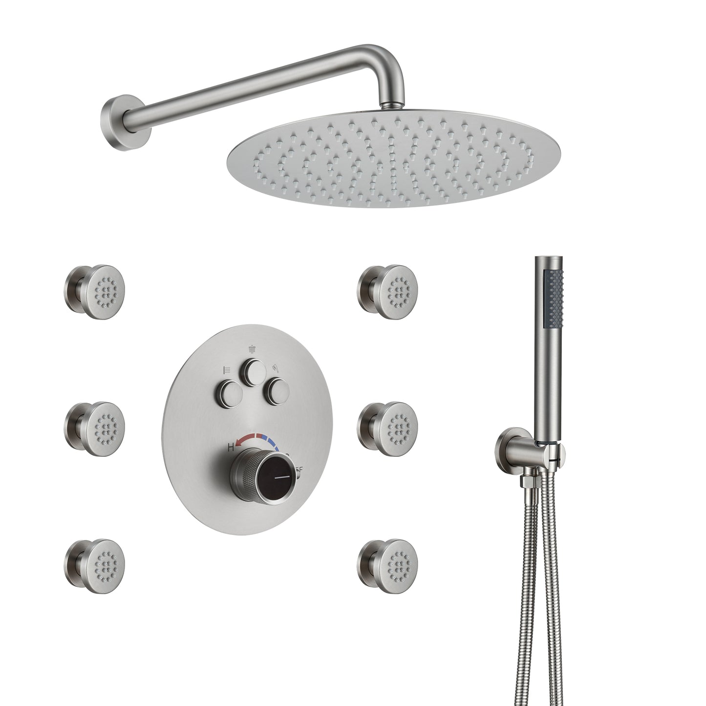 Mondawe Round Shower System With Body Jet,12 inch Wall Mounted High-Pressure Rainfall Shower Head Handheld and 6 pcs Body Sprays,Rain Shower Mixer Combo Set