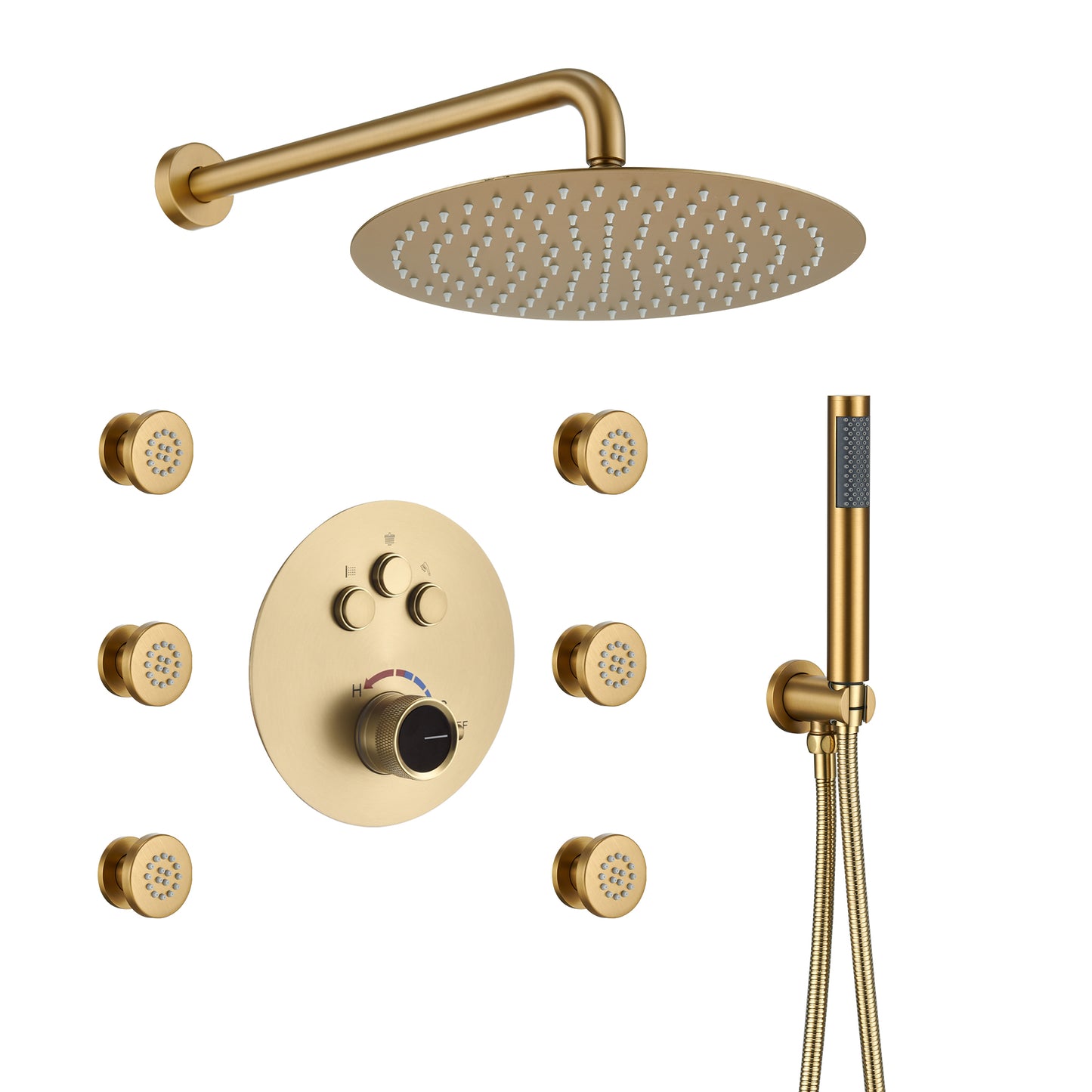 Mondawe Round Shower System With Body Jet,12 inch Wall Mounted High-Pressure Rainfall Shower Head Handheld and 6 pcs Body Sprays,Rain Shower Mixer Combo Set