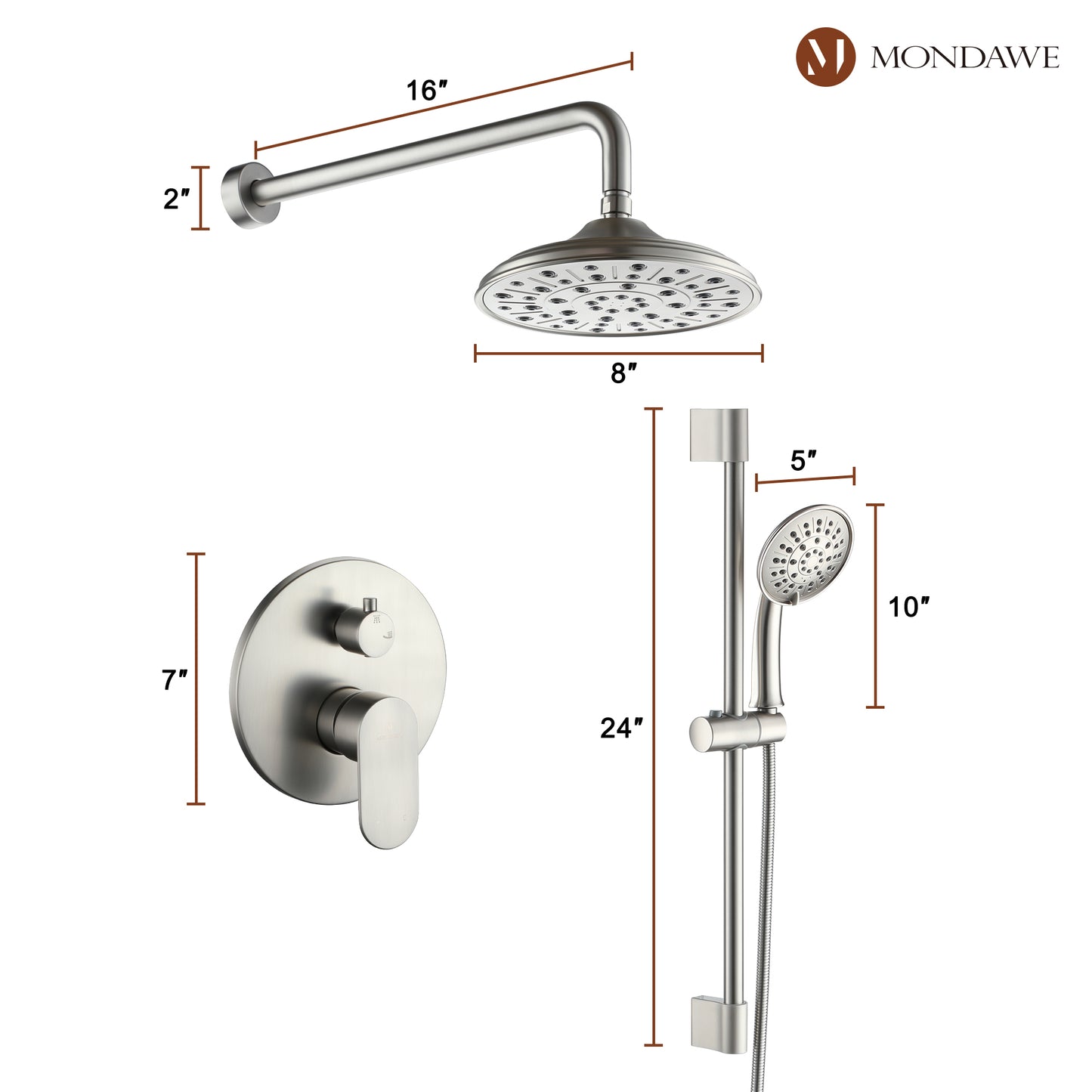 Mondawe Retro Series 2-Spray Patterns with 1.8 GPM 8 in. Rain Wall Mount Dual Shower Heads with Handheld and Spout in Brushed Nickel/ Black/ Bronze/Brushed Gold