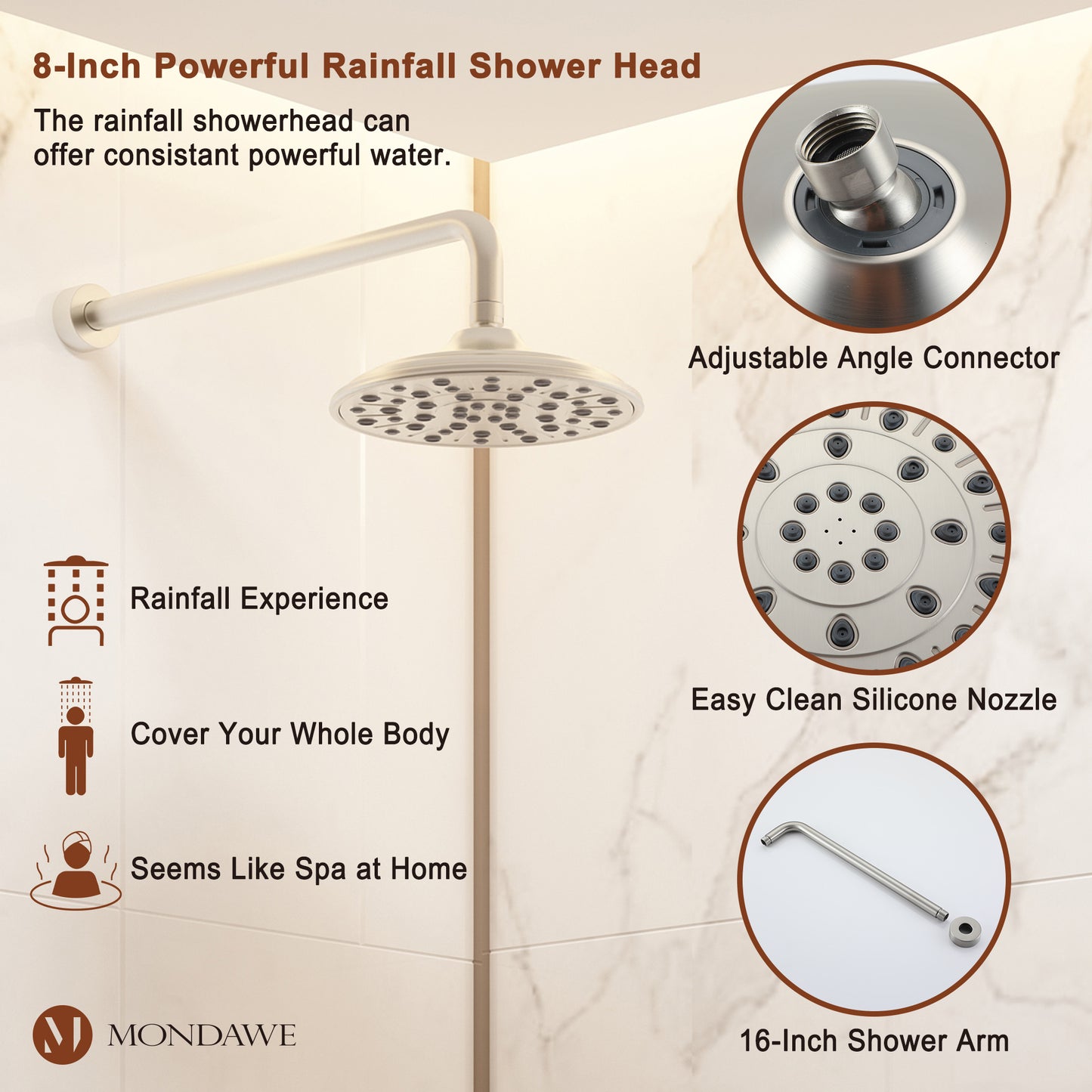 Mondawe Retro Series 3-Spray Patterns with 1.8 GPM 8 in. Rain Wall Mount Dual Shower Heads with Handheld and Spout in Brushed Nickel/ Black/ Bronze/ Gold