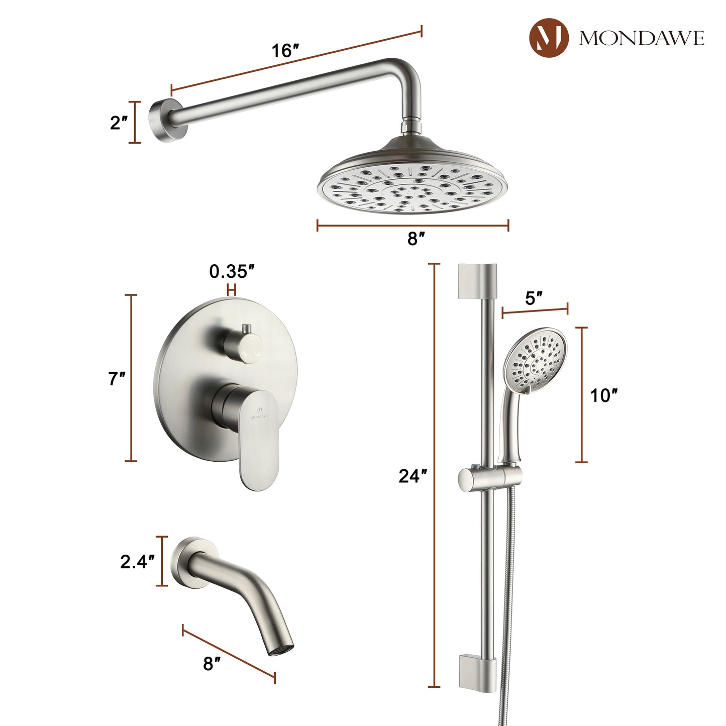 Mondawe Retro Series 3-Spray Patterns with 1.8 GPM 8 in. Rain Wall Mount Dual Shower Heads with Handheld and Spout in Brushed Nickel/ Black/ Bronze/ Gold