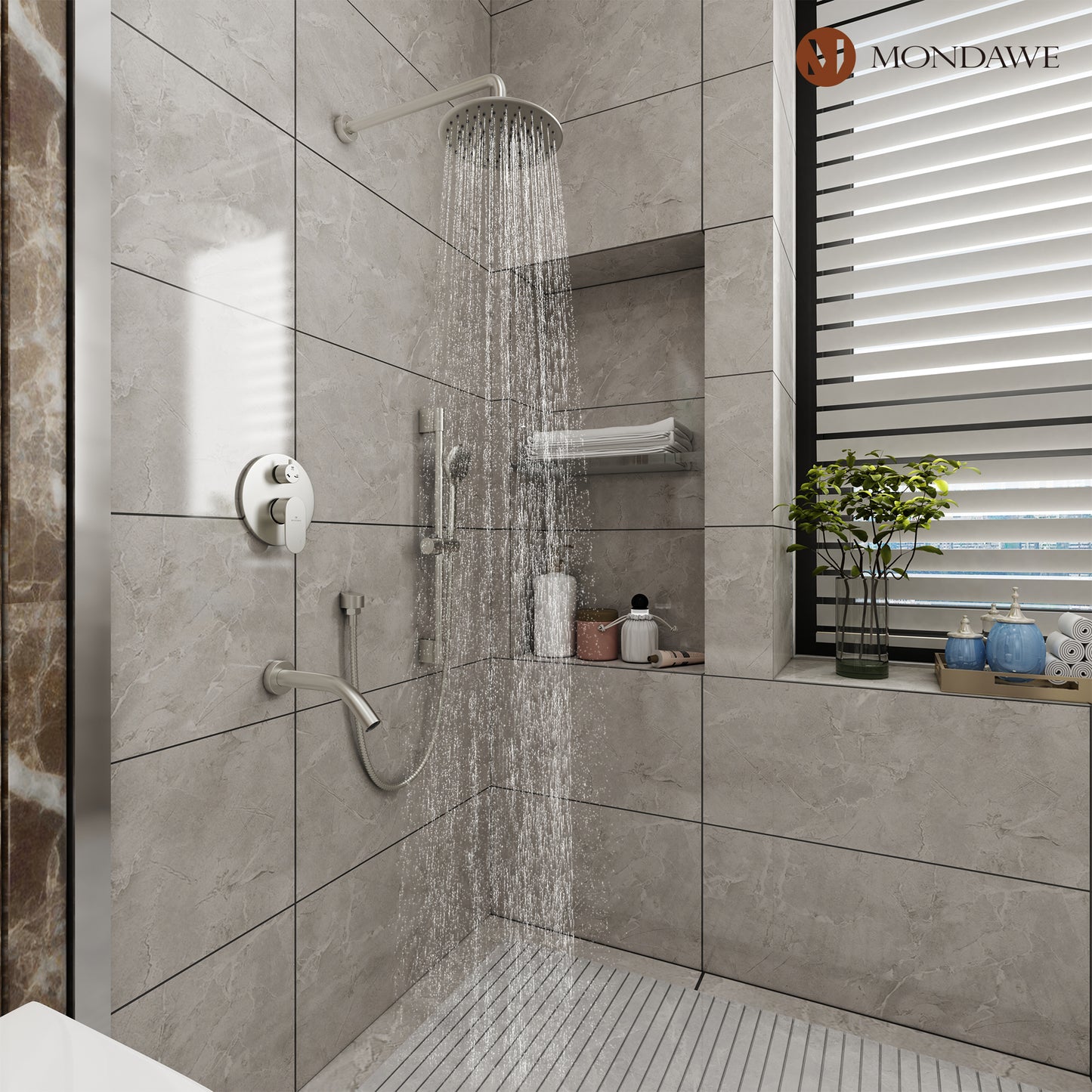 Mondawe Retro Series 3-Spray Patterns with 1.8 GPM 9 in. Rain Wall Mount Dual Shower Heads with Handheld and Spout in Brushed Nickel/ Black/ Bronze/Brushed Gold