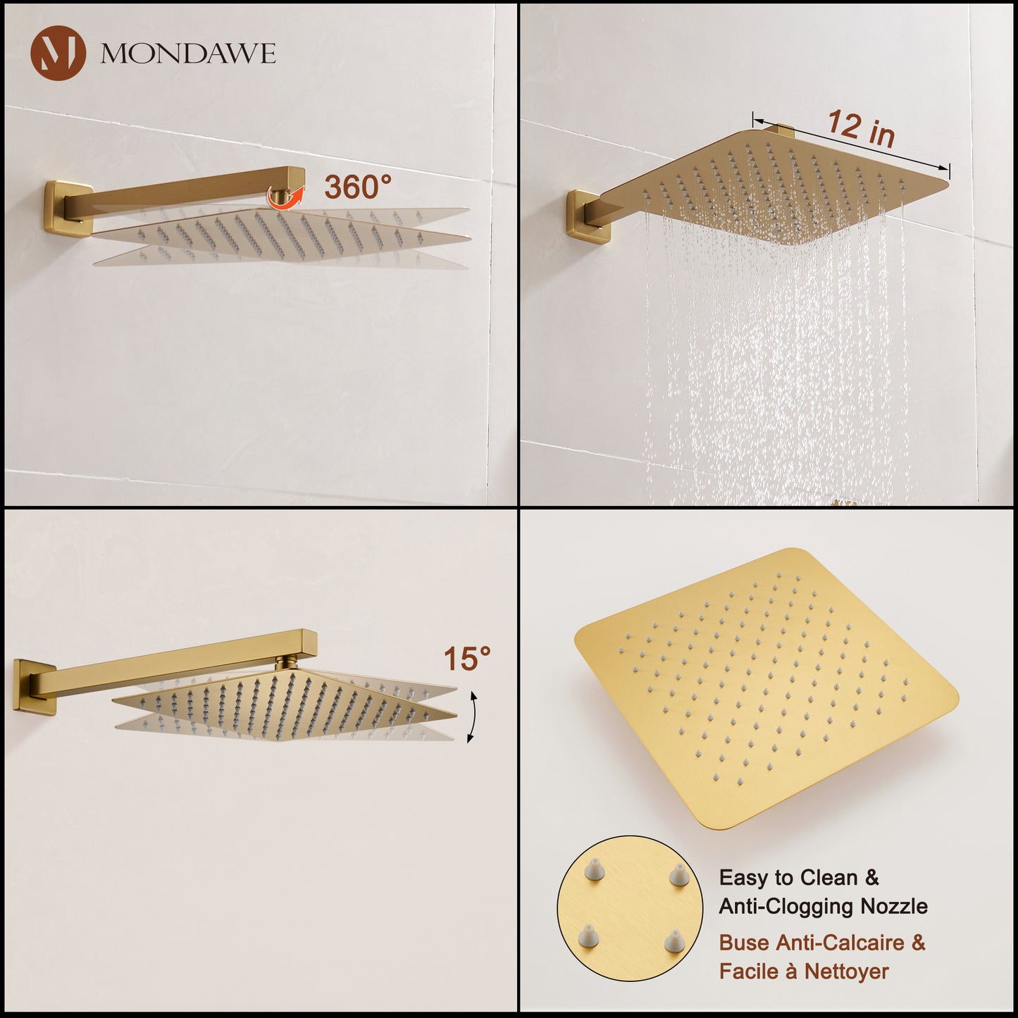 Mondawe 2 Functions Wall Mount Square Thermostatic Complete Shower System (Rough-In Valve Included)