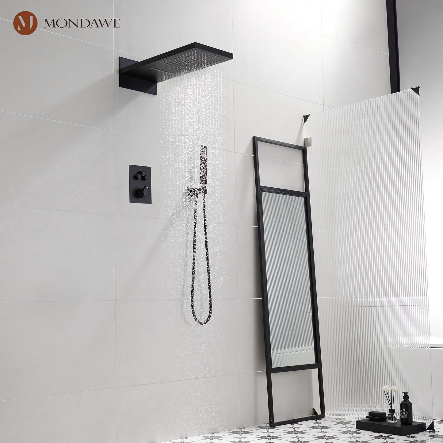 Mondawe 2 Functions Wall Mount Luxury Thermostatic Complete Shower System (Rough-In Valve Included) in Nickel/Black