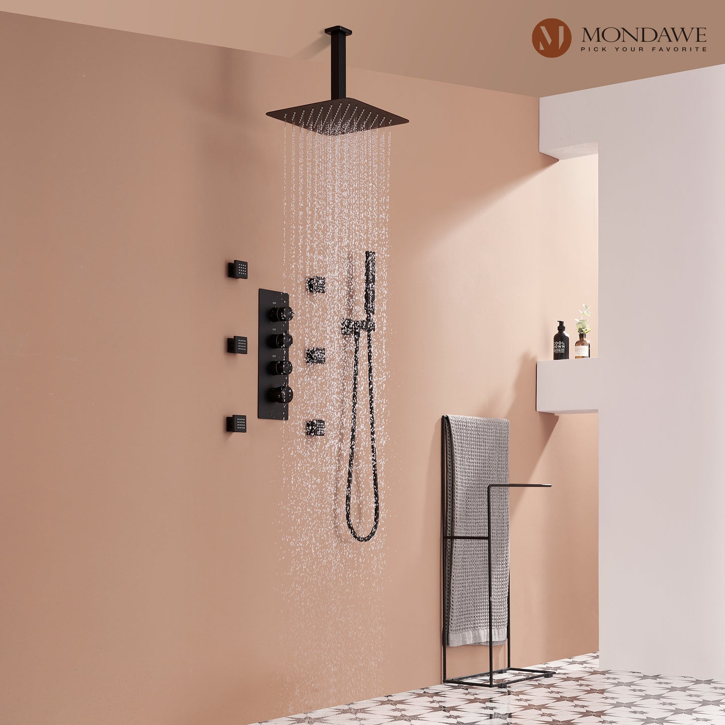 Mondawe Celling Mount Thermostatic Rainfall Shower System Set with Hand Held Shower Head and 6 Body Jets