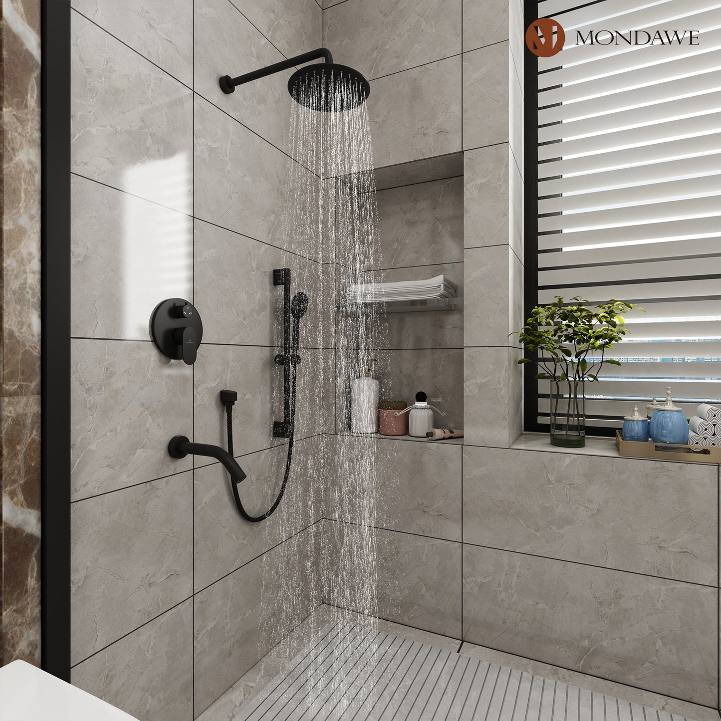 Mondawe Retro Series 3-Spray Patterns with 1.8 GPM 9 in. Rain Wall Mount Dual Shower Heads with Handheld and Spout in Brushed Nickel/ Black/ Bronze/Brushed Gold