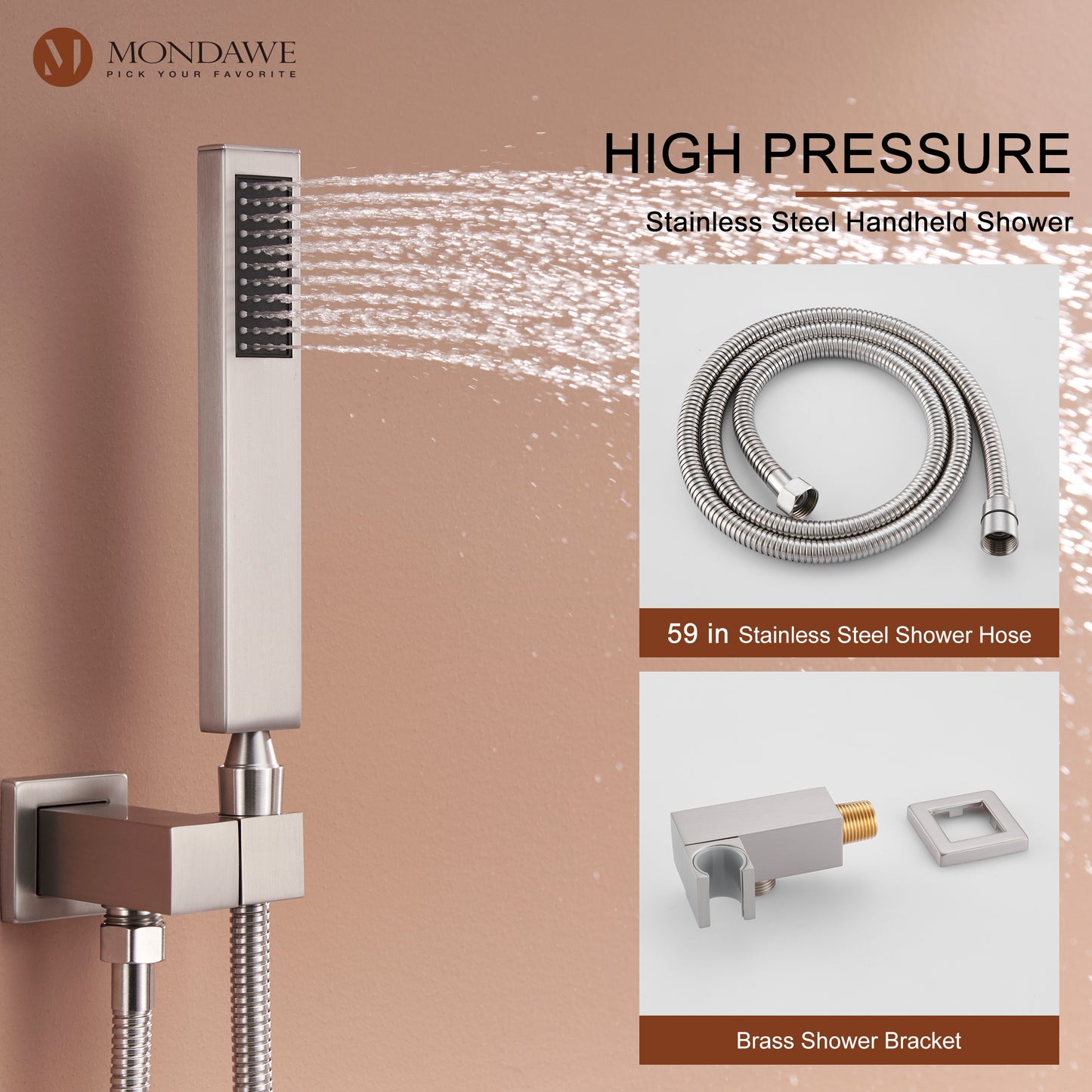 Mondawe Celling Mount Thermostatic Rainfall Shower System Set with Hand Held Shower Head and 6 Body Jets