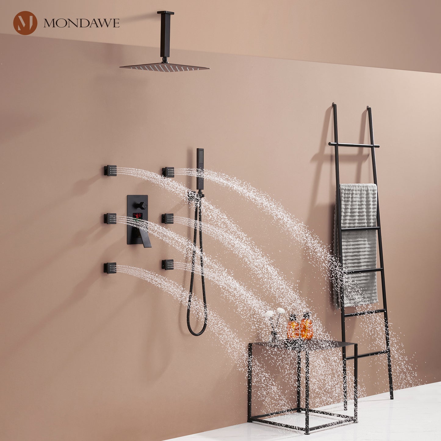 Mondawe Celling Mount Thermostatic Rain Shower System with Handheld Shower, Wall Body Jets and Digital Display