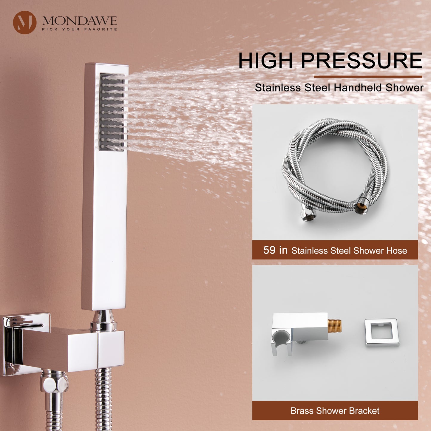 Mondawe Celling Mount Thermostatic Rainfall Shower System Set with Hand Held Shower Head and 6 Body Jets