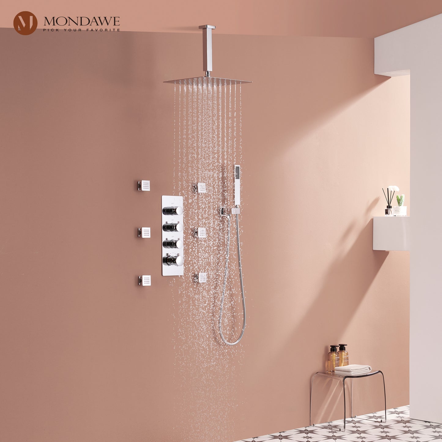 Mondawe Celling Mount Thermostatic Rainfall Shower System Set with Hand Held Shower Head and 6 Body Jets