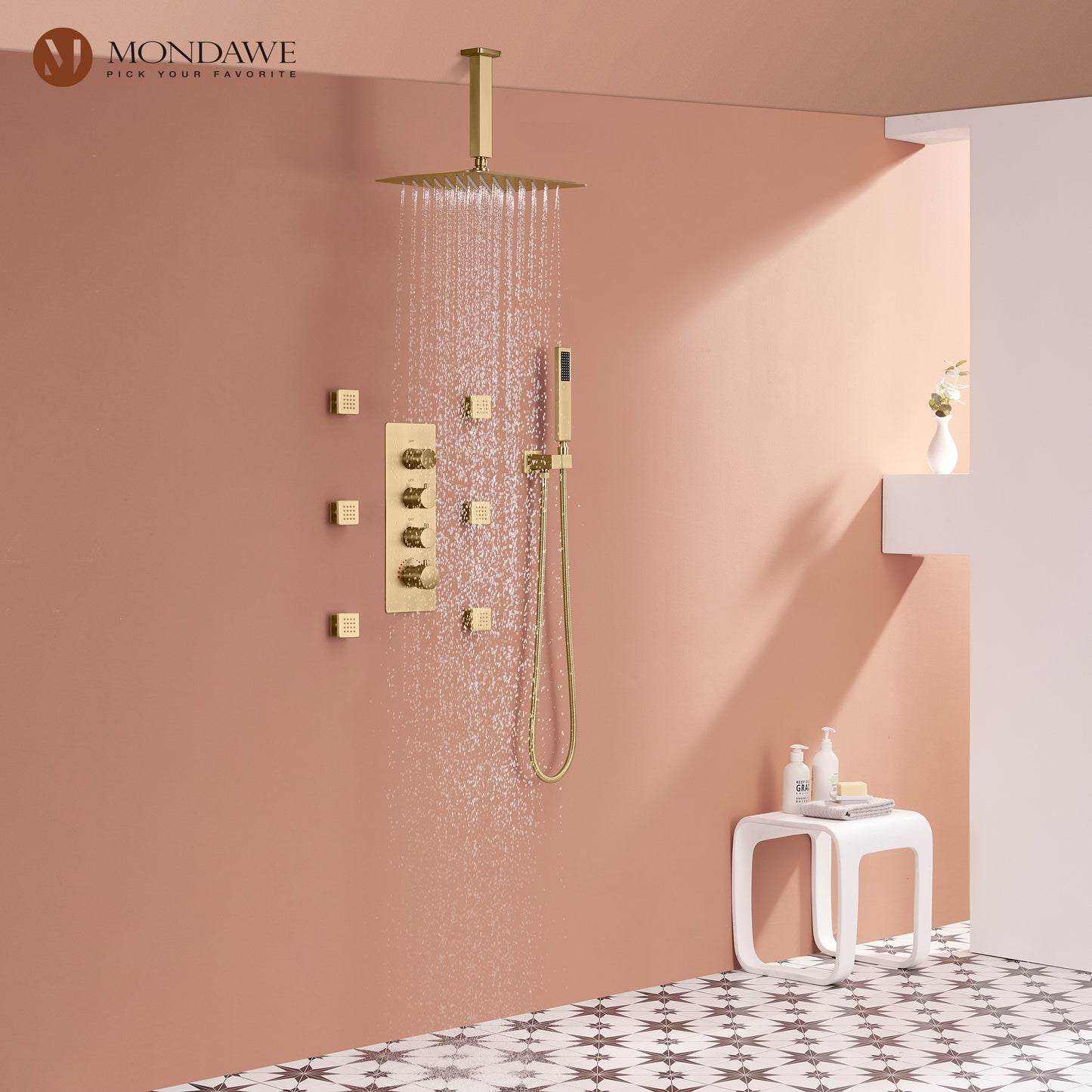 Mondawe 2 Functions Wall Mount Square Complete Shower System with 2.5 GPM 10 in Black/Rose Gold