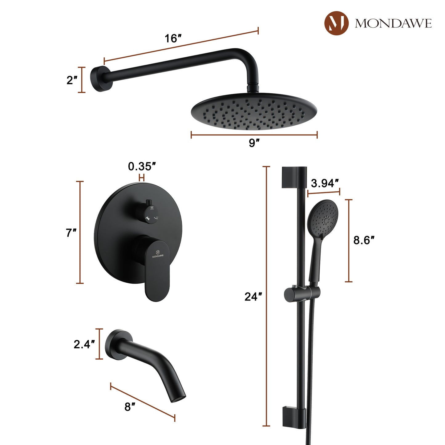 Mondawe Retro Series 3-Spray Patterns with 1.8 GPM 9 in. Rain Wall Mount Dual Shower Heads with Handheld and Spout in Brushed Nickel/ Black/ Bronze/Brushed Gold