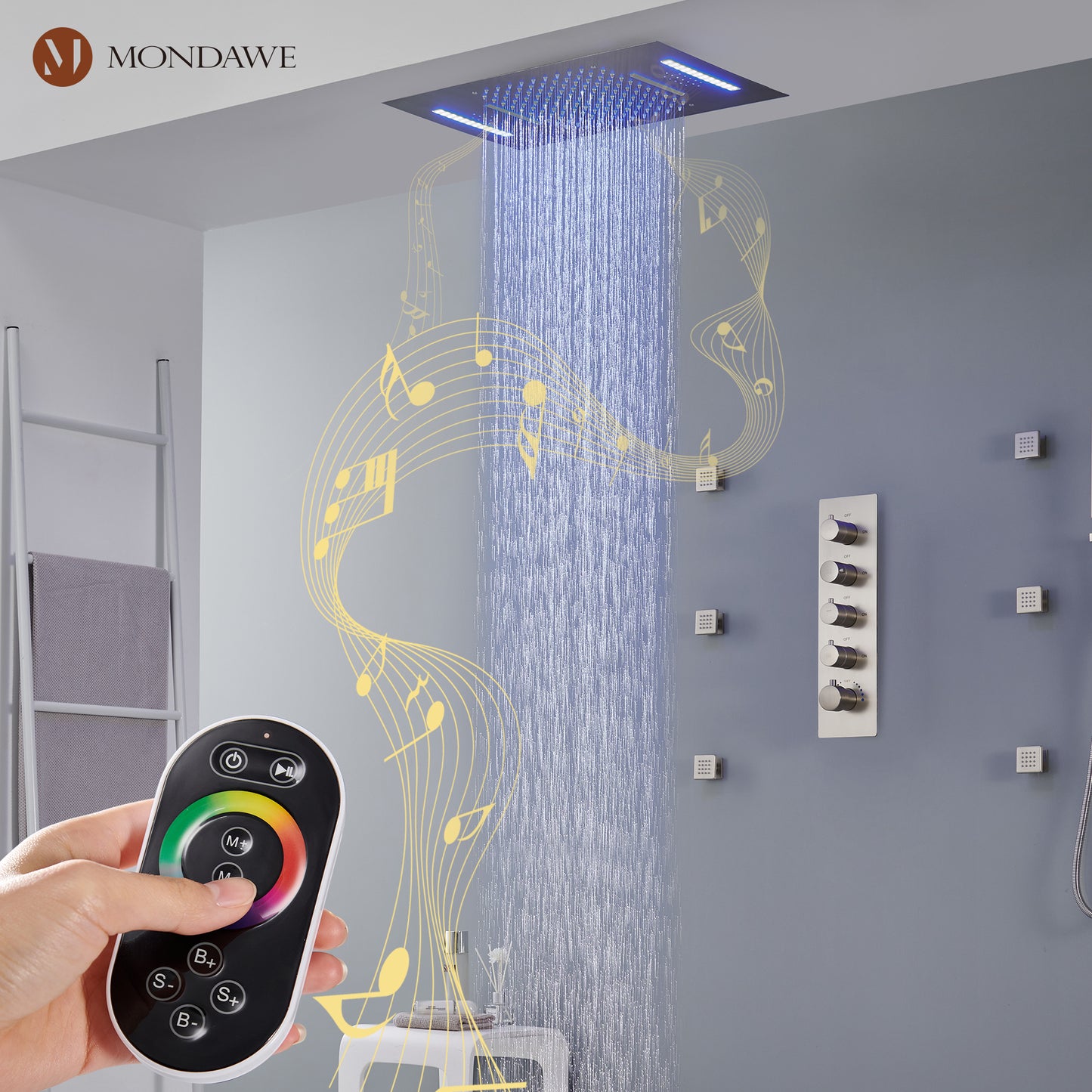 Mondawe Luxury 4-Way Thermostatic Shower System with LED and Music Player