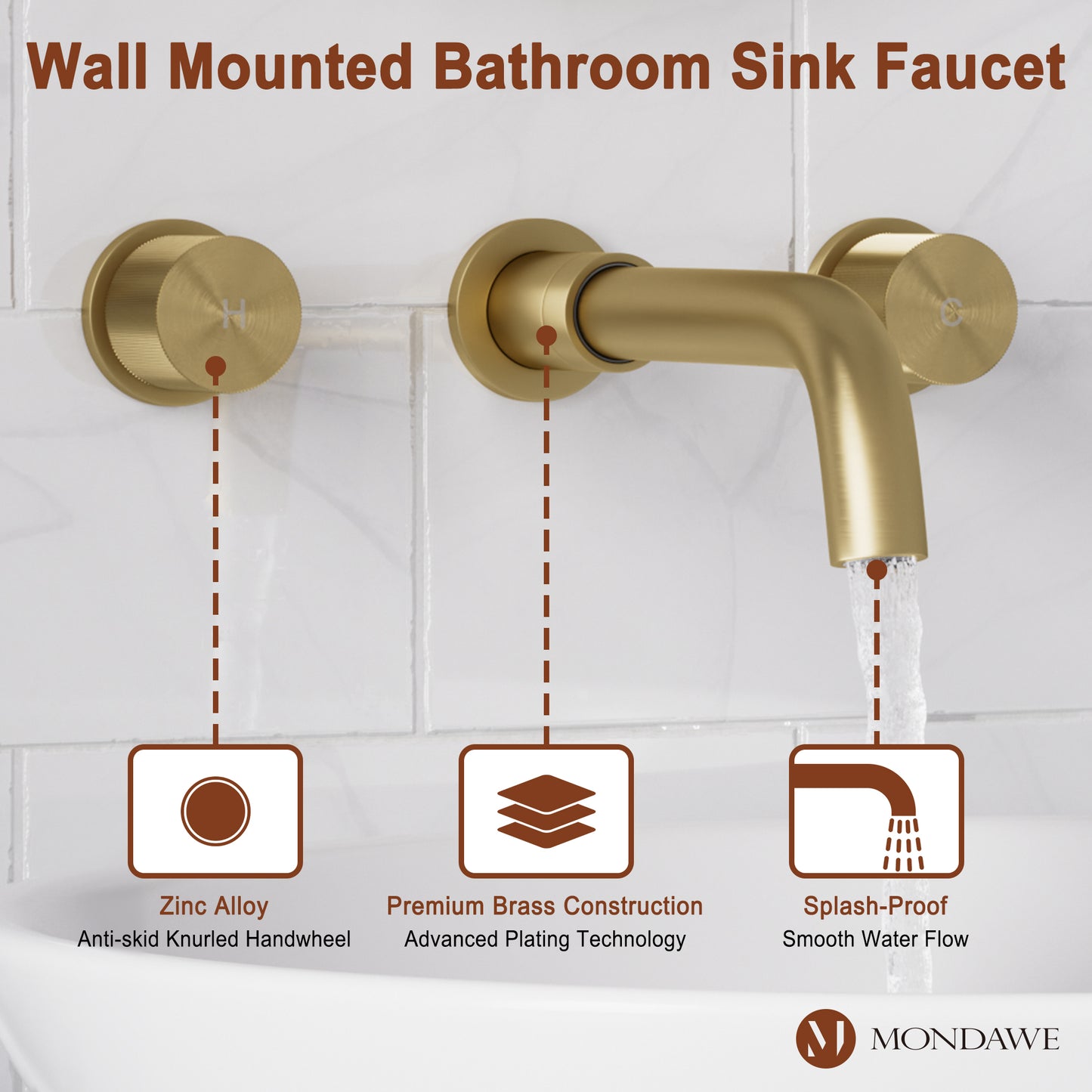 Wall Mounted Basin Faucet in Brushed Gold/BlackNickel Brushed