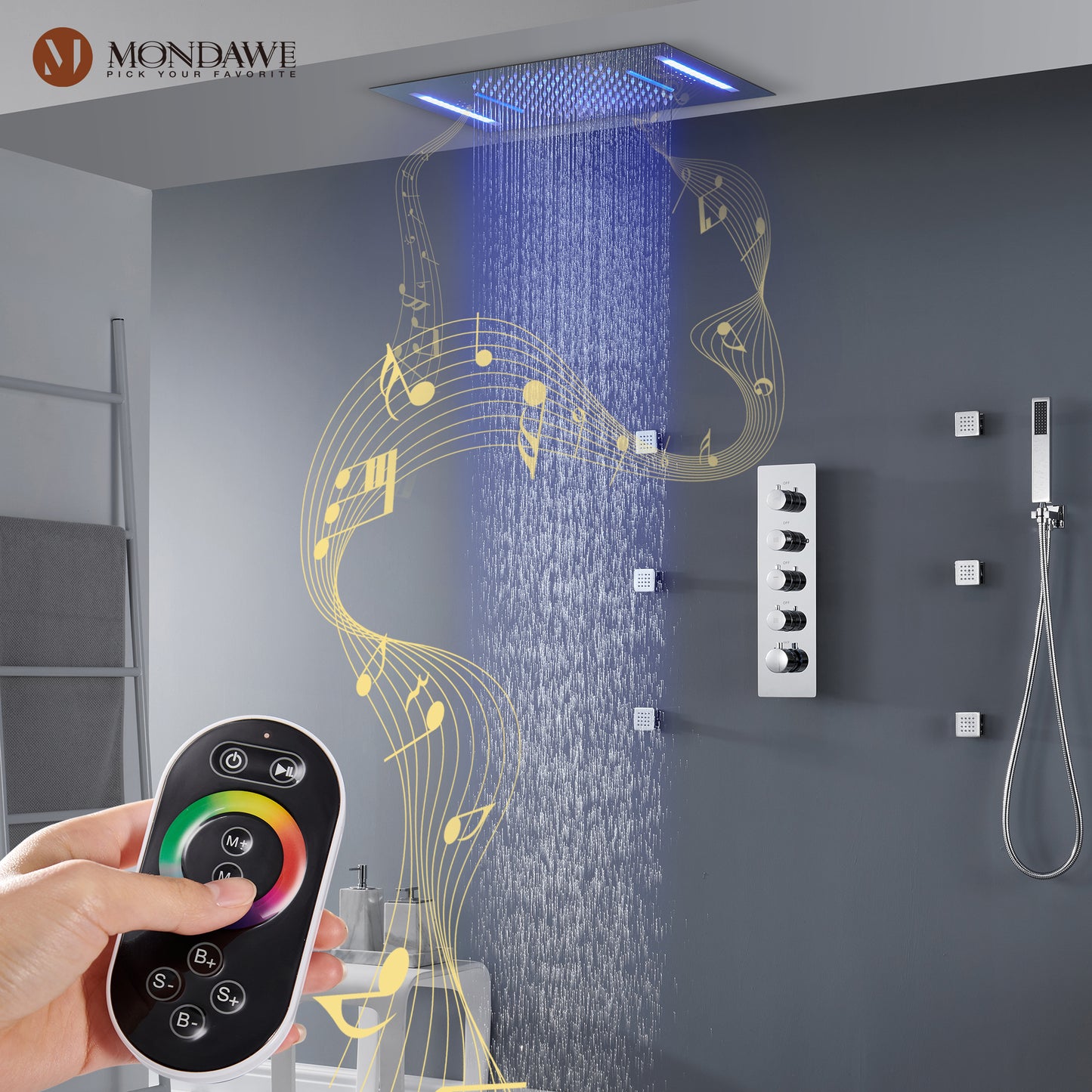 Mondawe Luxury 4-Way Thermostatic Shower System with LED and Music Player