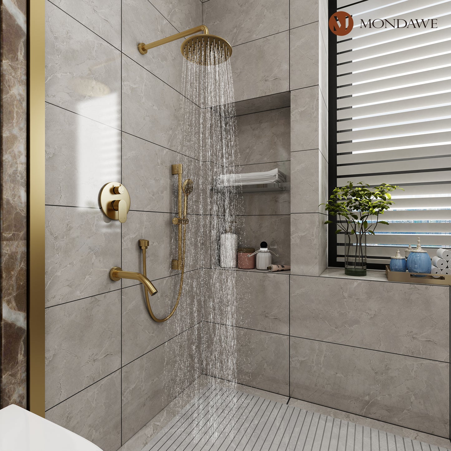 Mondawe Retro Series 3-Spray Patterns with 1.8 GPM 9 in. Rain Wall Mount Dual Shower Heads with Handheld and Spout in Brushed Nickel/ Black/ Bronze/Brushed Gold