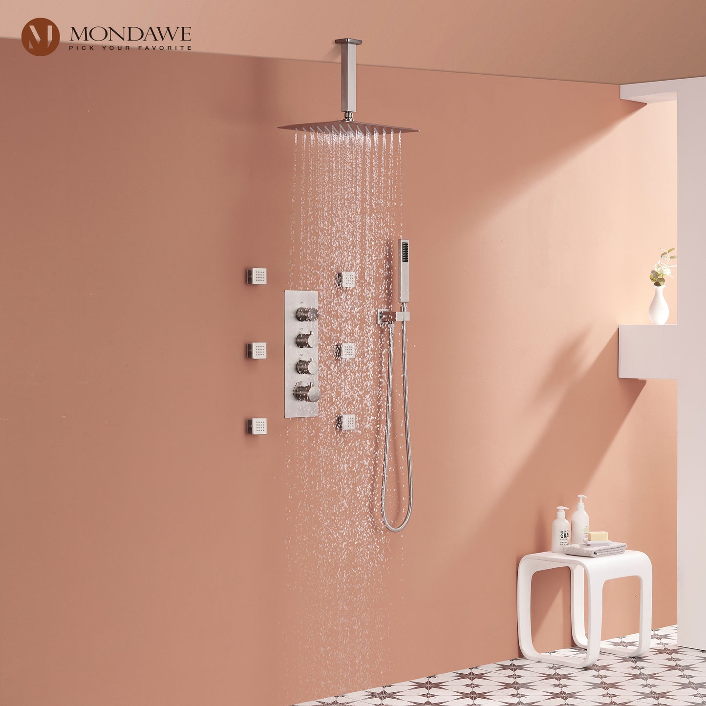 Mondawe Celling Mount Thermostatic Rainfall Shower System Set with Hand Held Shower Head and 6 Body Jets