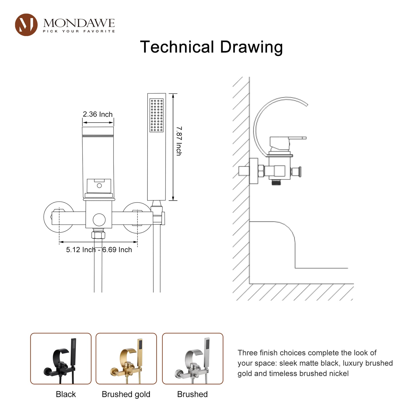 Mondawe Single Handle Shower Tub Kit with Waterfall Tub Spout and Handheld Shower Faucet, Wall Mounted