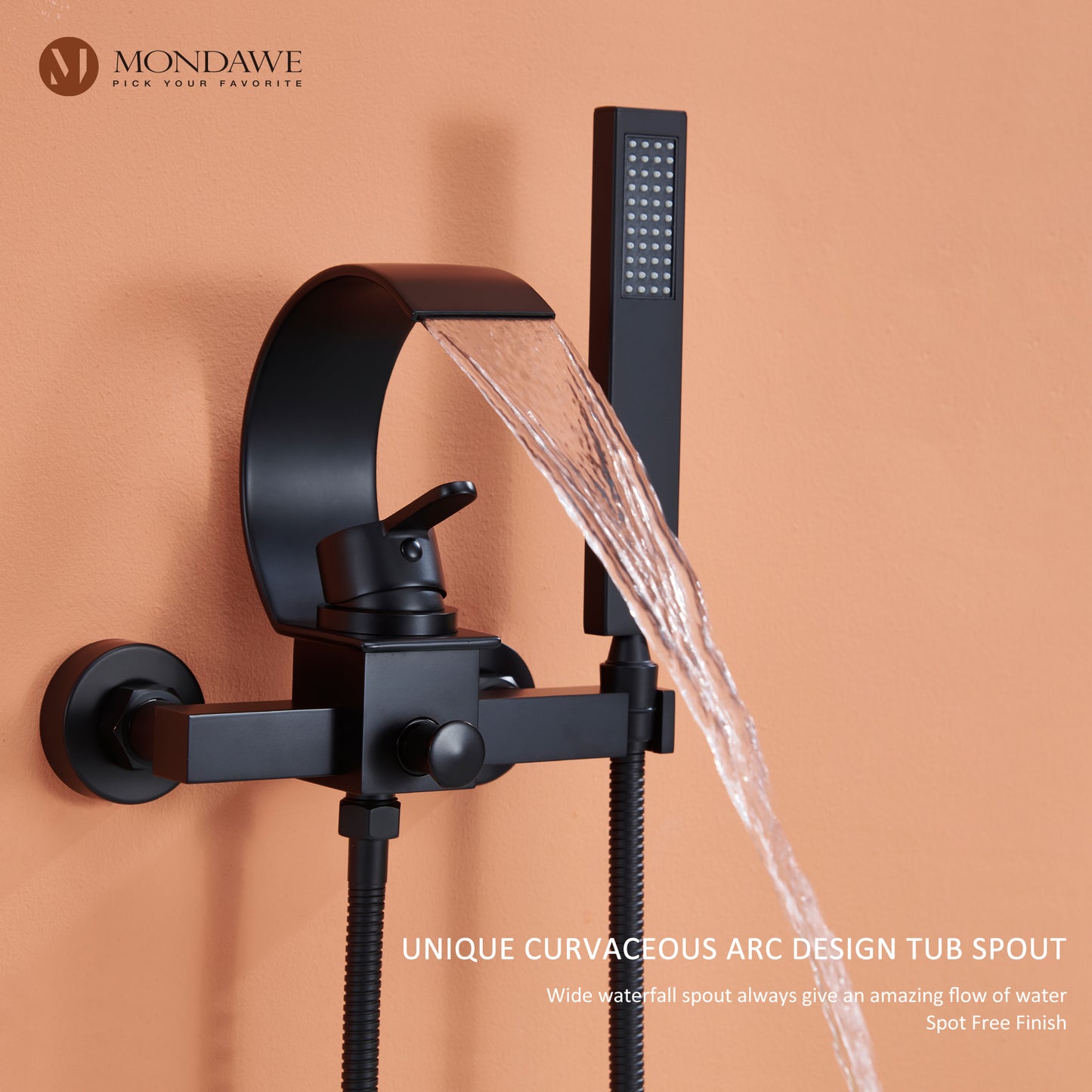 Mondawe Single Handle Shower Tub Kit with Waterfall Tub Spout and Handheld Shower Faucet, Wall Mounted