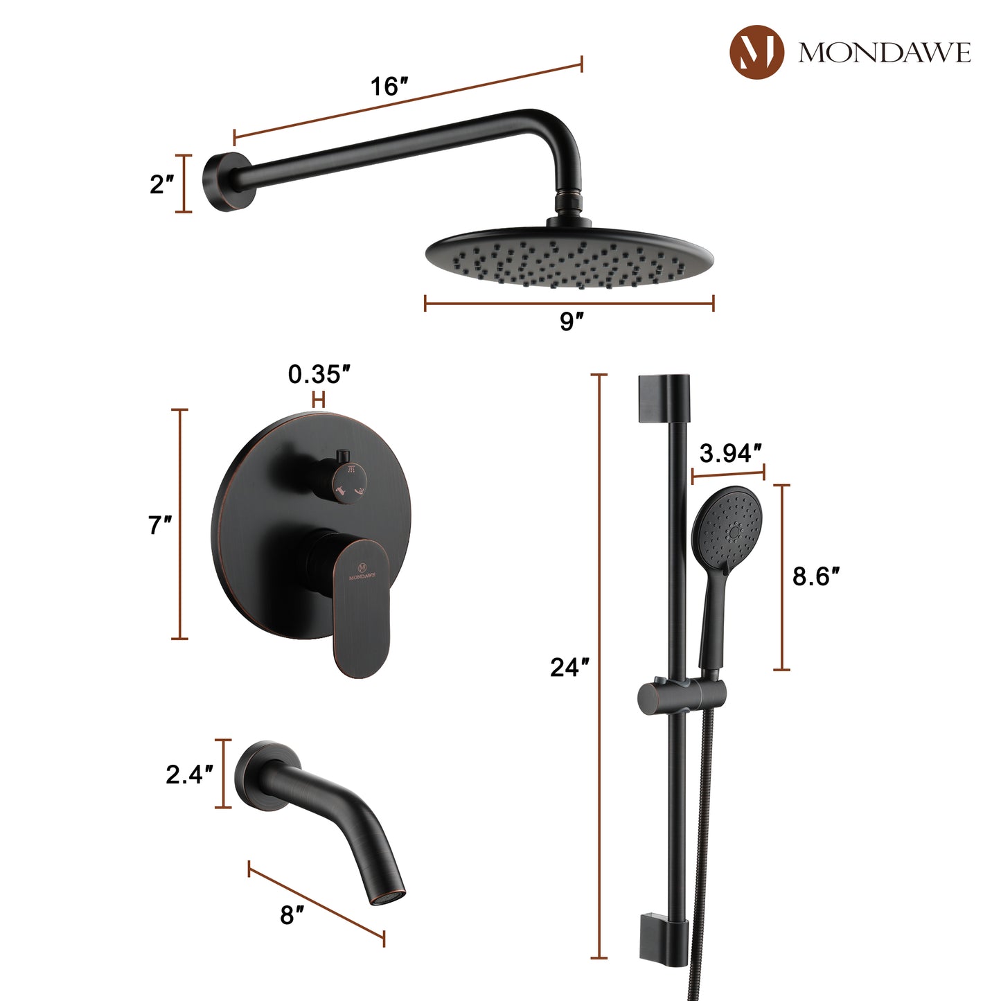 Mondawe Retro Series 3-Spray Patterns with 1.8 GPM 9 in. Rain Wall Mount Dual Shower Heads with Handheld and Spout in Brushed Nickel/ Black/ Bronze/Brushed Gold