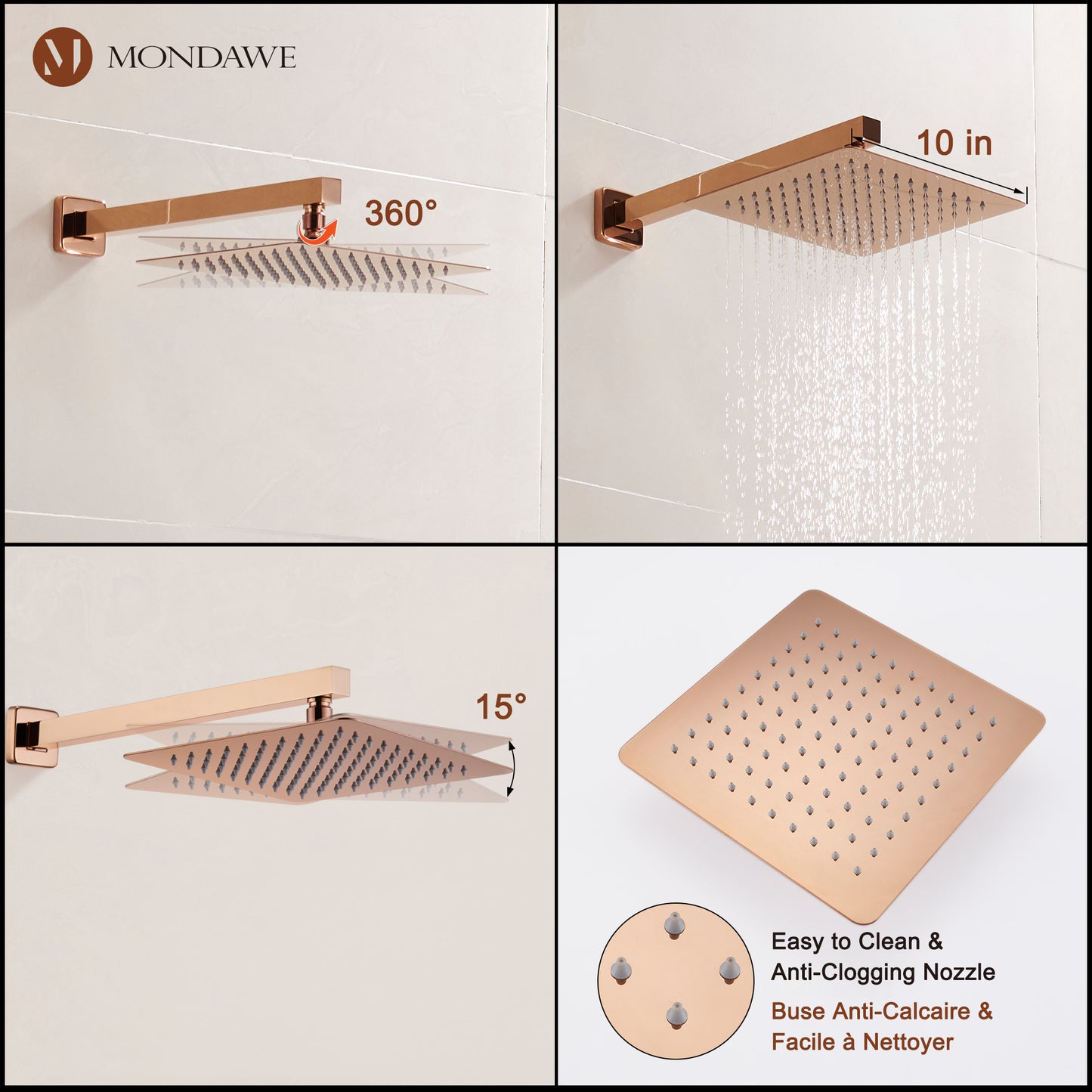 Mondawe 2 Functions Wall Mount Square Complete Shower System with 2.5 GPM 10 in Black/Rose Gold