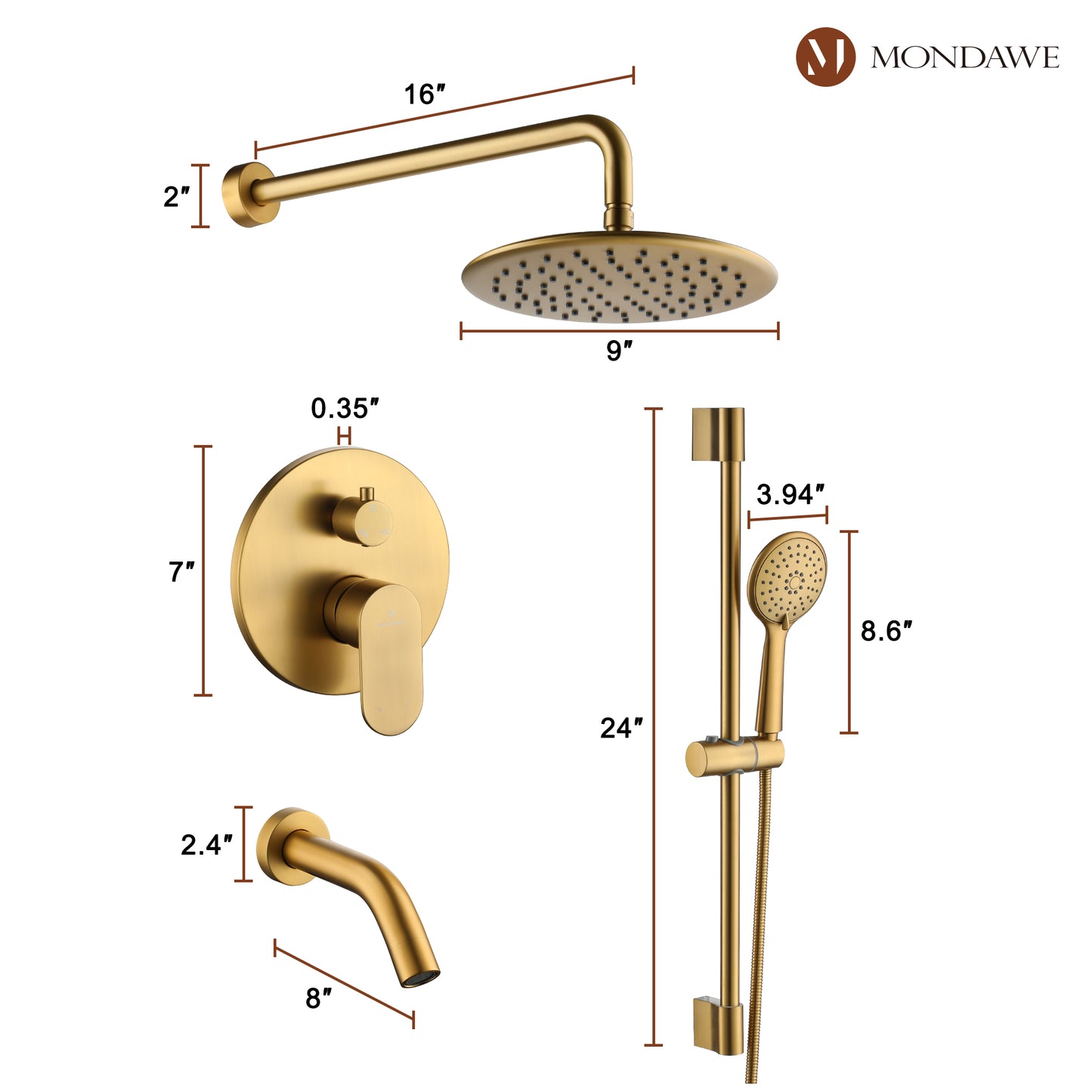 Mondawe Retro Series 3-Spray Patterns with 1.8 GPM 9 in. Rain Wall Mount Dual Shower Heads with Handheld and Spout in Brushed Nickel/ Black/ Bronze/Brushed Gold