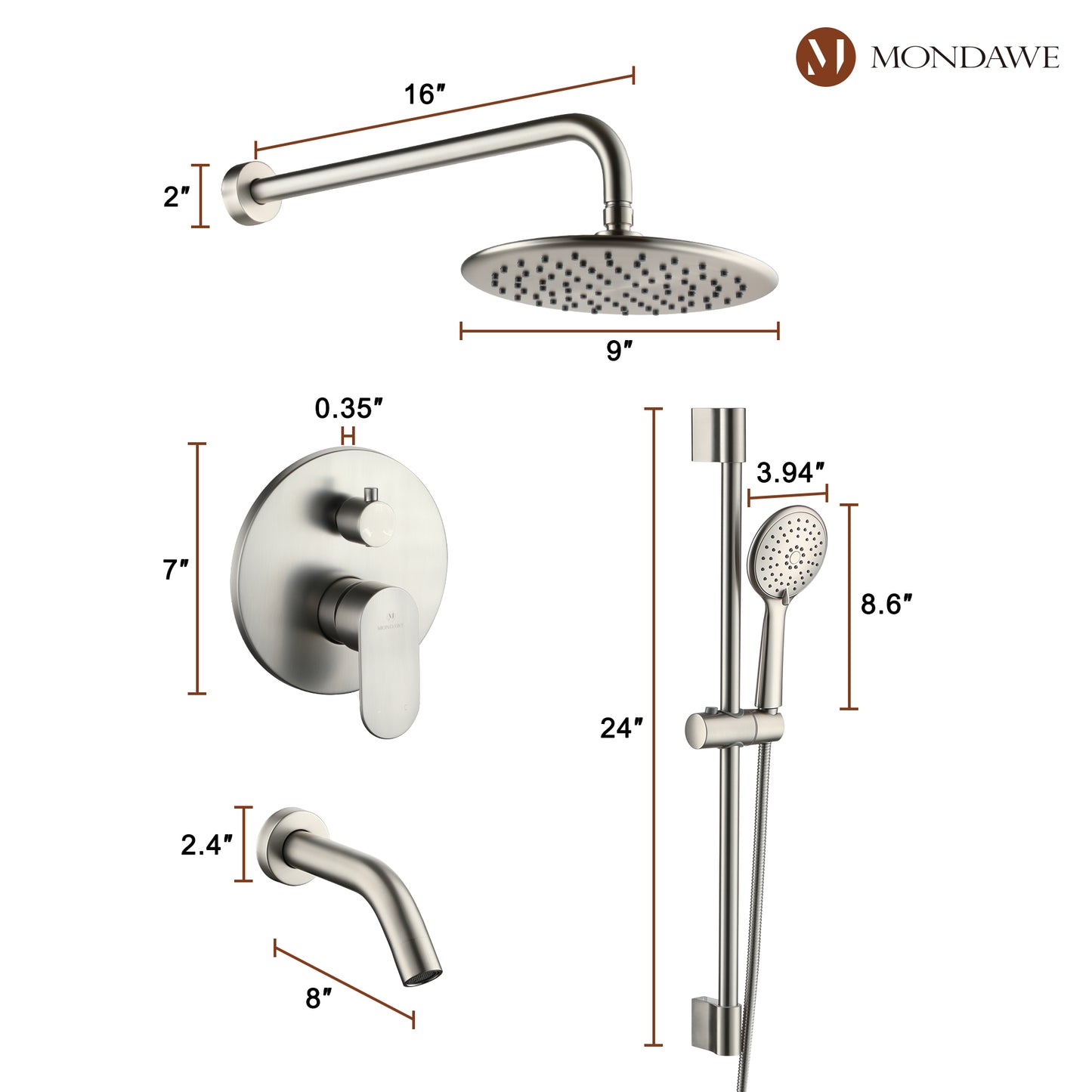 Mondawe Retro Series 3-Spray Patterns with 1.8 GPM 9 in. Rain Wall Mount Dual Shower Heads with Handheld and Spout in Brushed Nickel/ Black/ Bronze/Brushed Gold