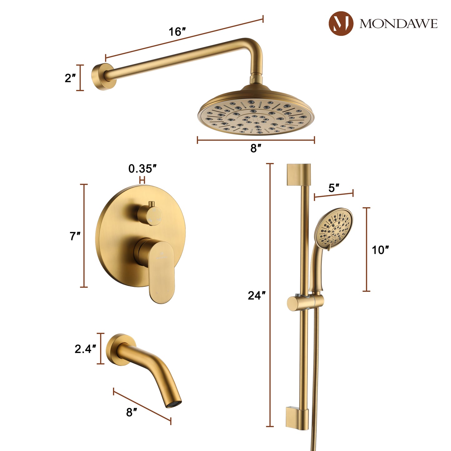 Mondawe Retro Series 3-Spray Patterns with 1.8 GPM 8 in. Rain Wall Mount Dual Shower Heads with Handheld and Spout in Brushed Nickel/ Black/ Bronze/ Gold