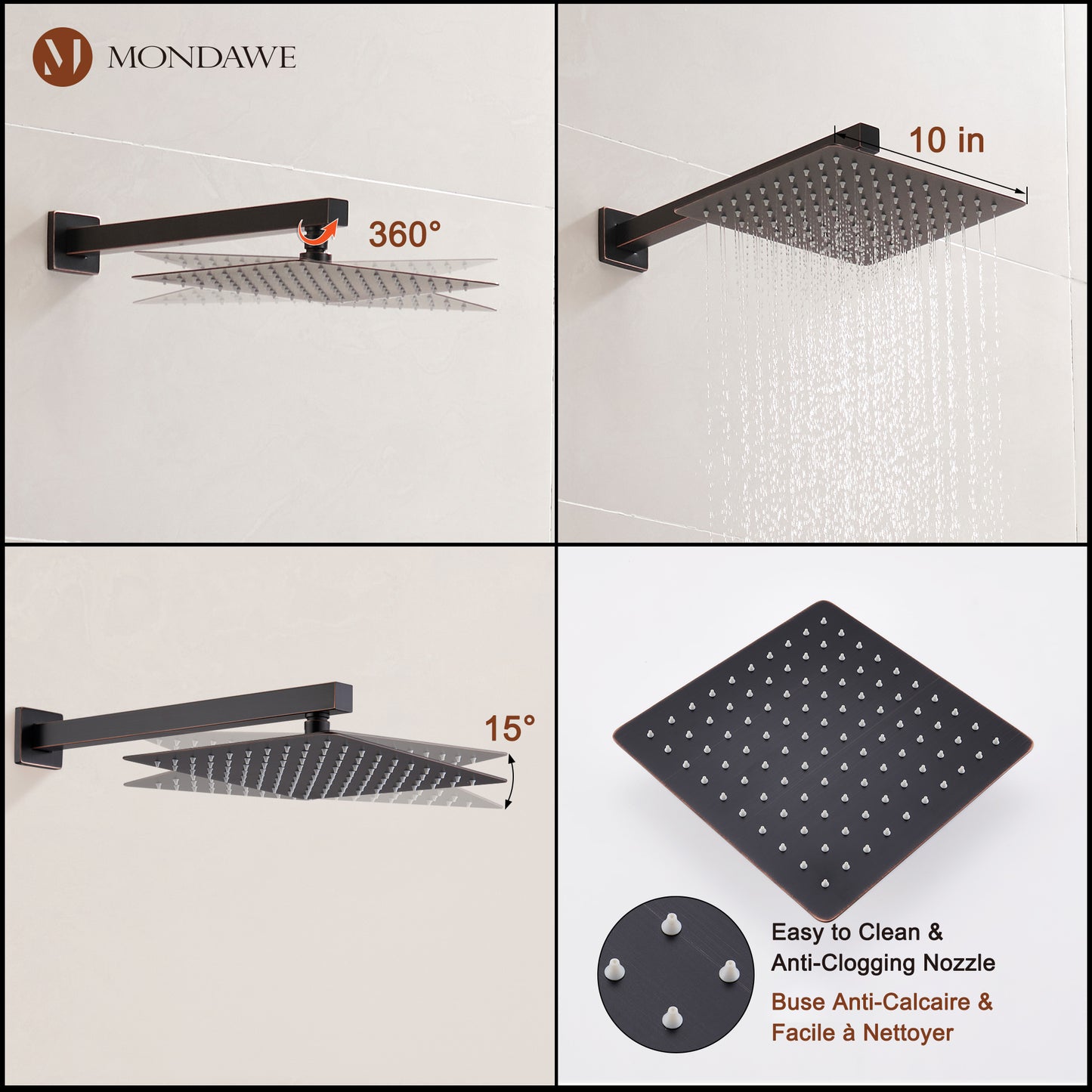 Mondawe 2 Functions Wall Mount Square Complete Shower System with 2.5 GPM 10 in Black/Rose Gold