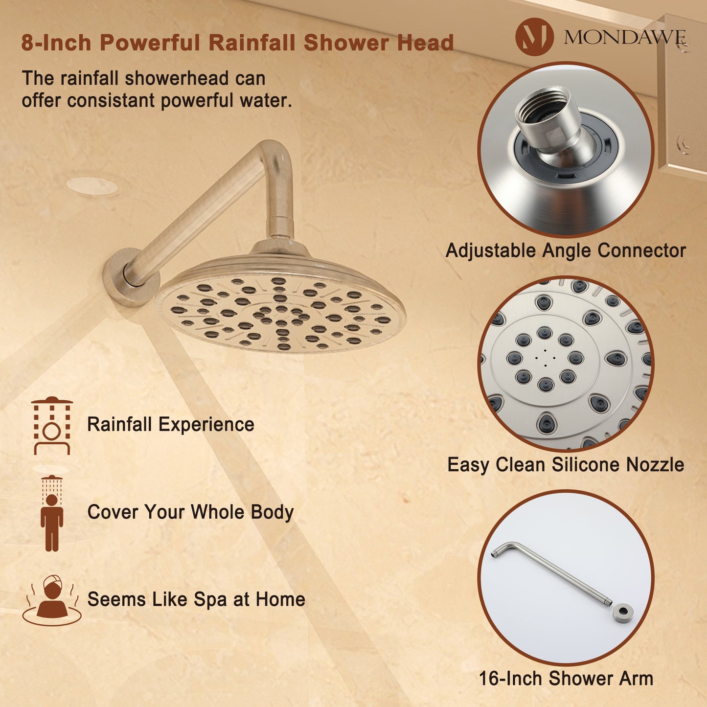 Mondawe Retro Series 2-Spray Patterns with 1.8 GPM 8 in. Rain Wall Mount Dual Shower Heads with Handheld and Spout in Brushed Nickel/ Black/ Bronze/Brushed Gold