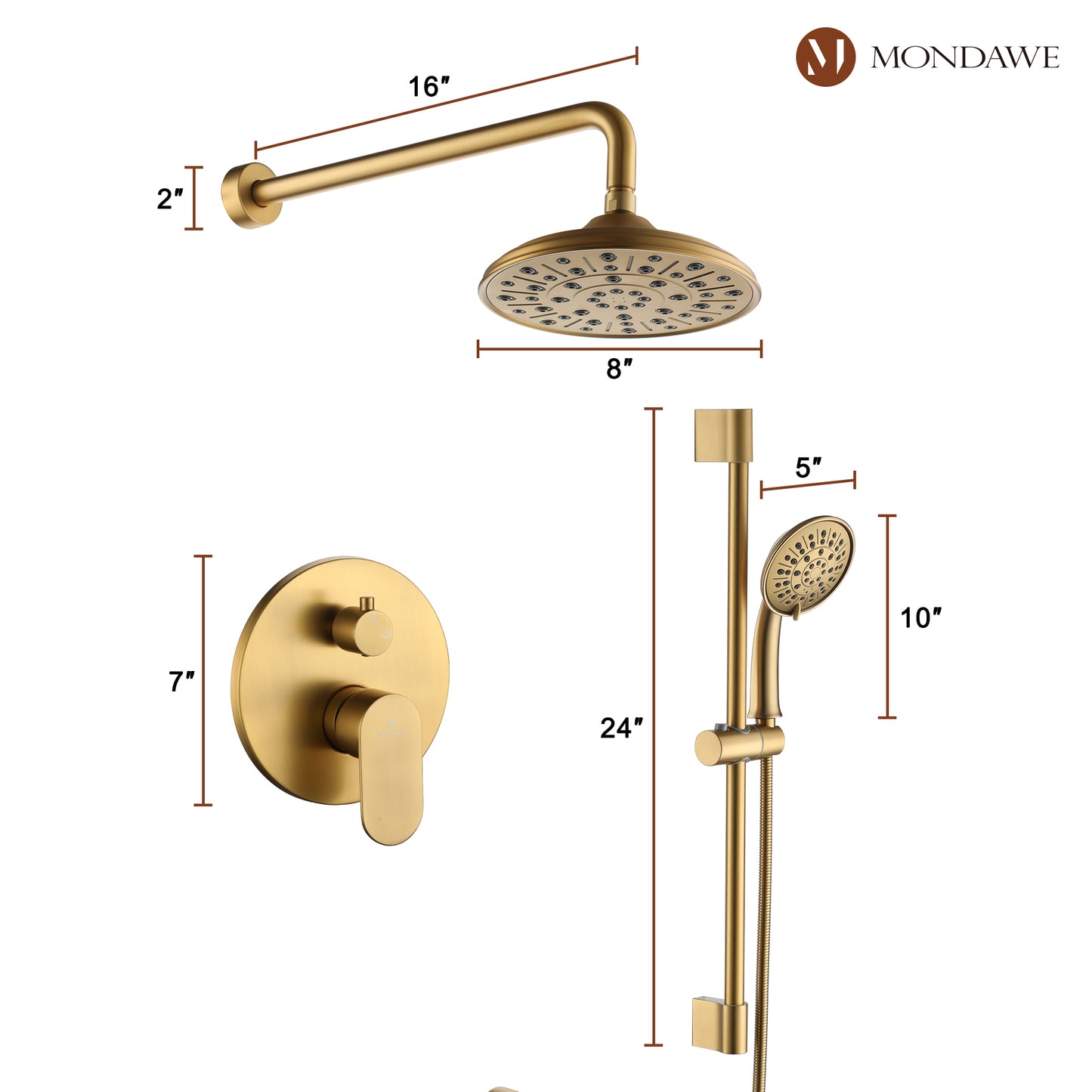 Mondawe Retro Series 2-Spray Patterns with 1.8 GPM 8 in. Rain Wall Mount Dual Shower Heads with Handheld and Spout in Brushed Nickel/ Black/ Bronze/Brushed Gold