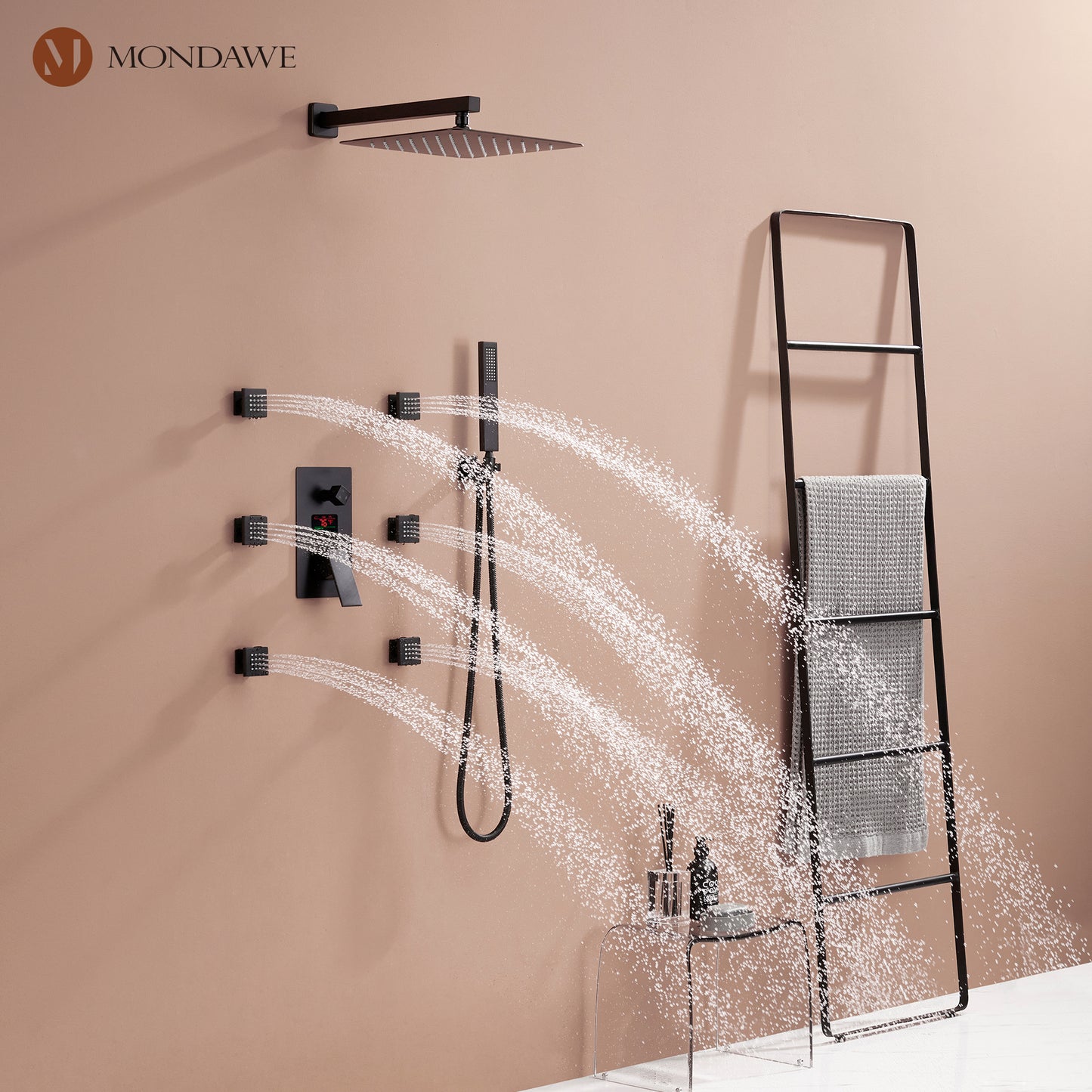 Mondawe Wall Mount Thermostatic Rain Shower Head System with Body Sprayers Handheld Shower and Digital Display