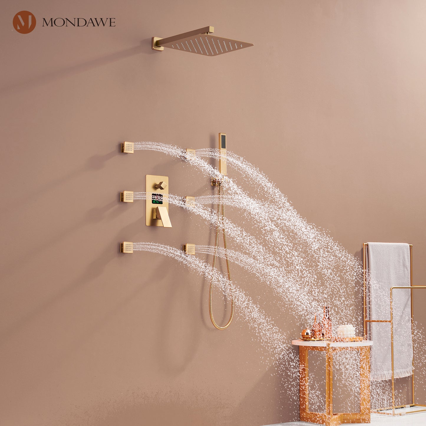 Mondawe Wall Mount Thermostatic Rain Shower Head System with Body Sprayers Handheld Shower and Digital Display