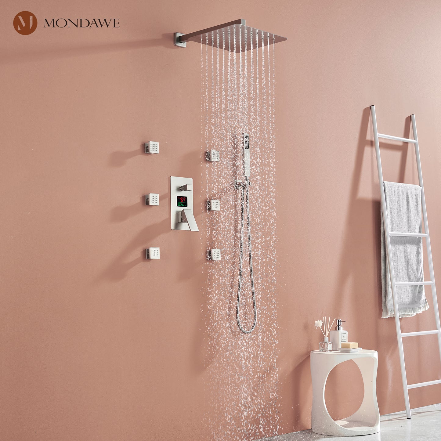 Mondawe Wall Mount Thermostatic Rain Shower Head System with Body Sprayers Handheld Shower and Digital Display