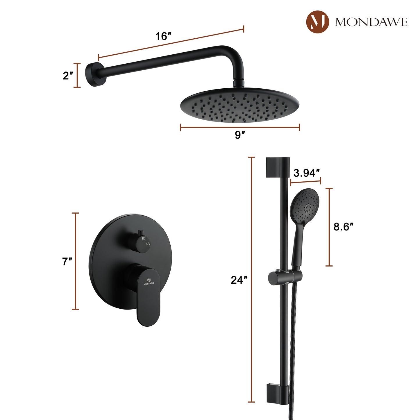 Mondawe Retro Series 2-Spray Patterns with 1.8 GPM 9 in. Rain Wall Mount Dual Shower Heads with Handheld and Spout in Brushed Nickel/ Black/ Bronze/Brushed Gold