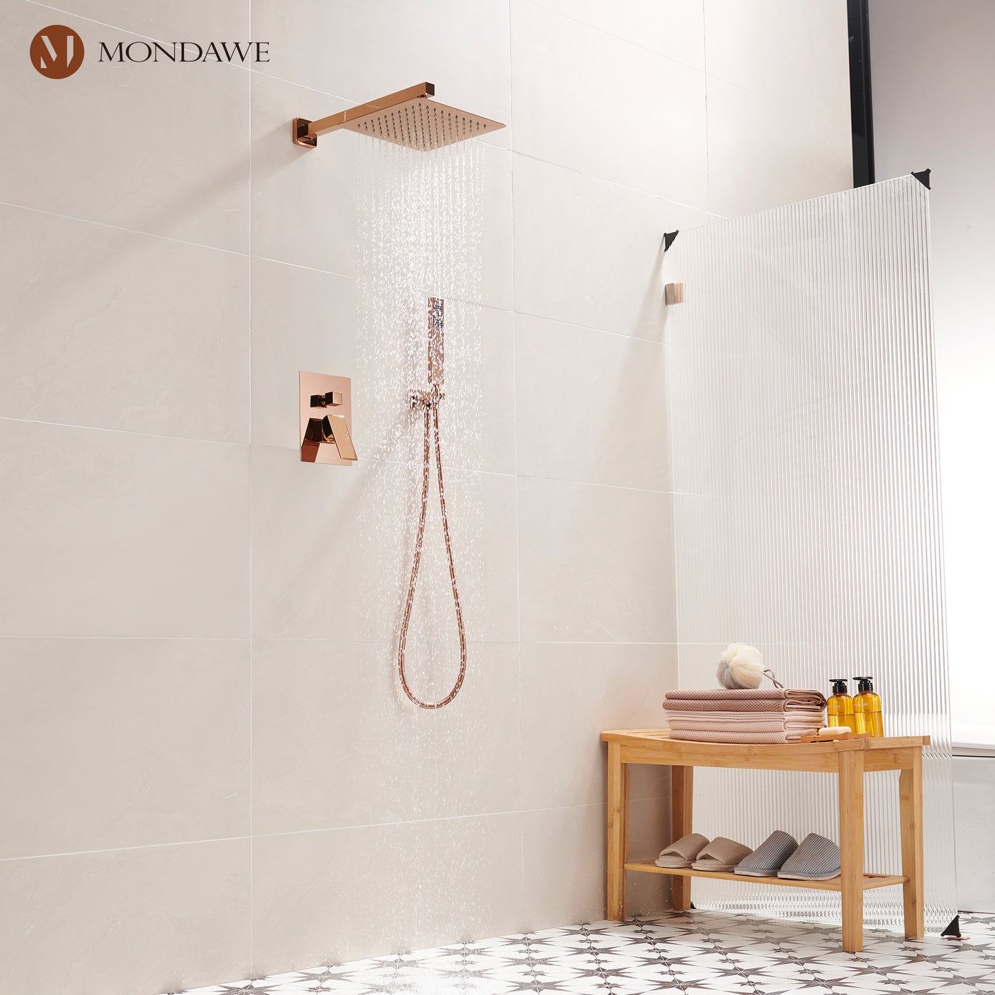 Mondawe 2 Functions Wall Mount Square Complete Shower System with 2.5 GPM 10 in Black/Rose Gold