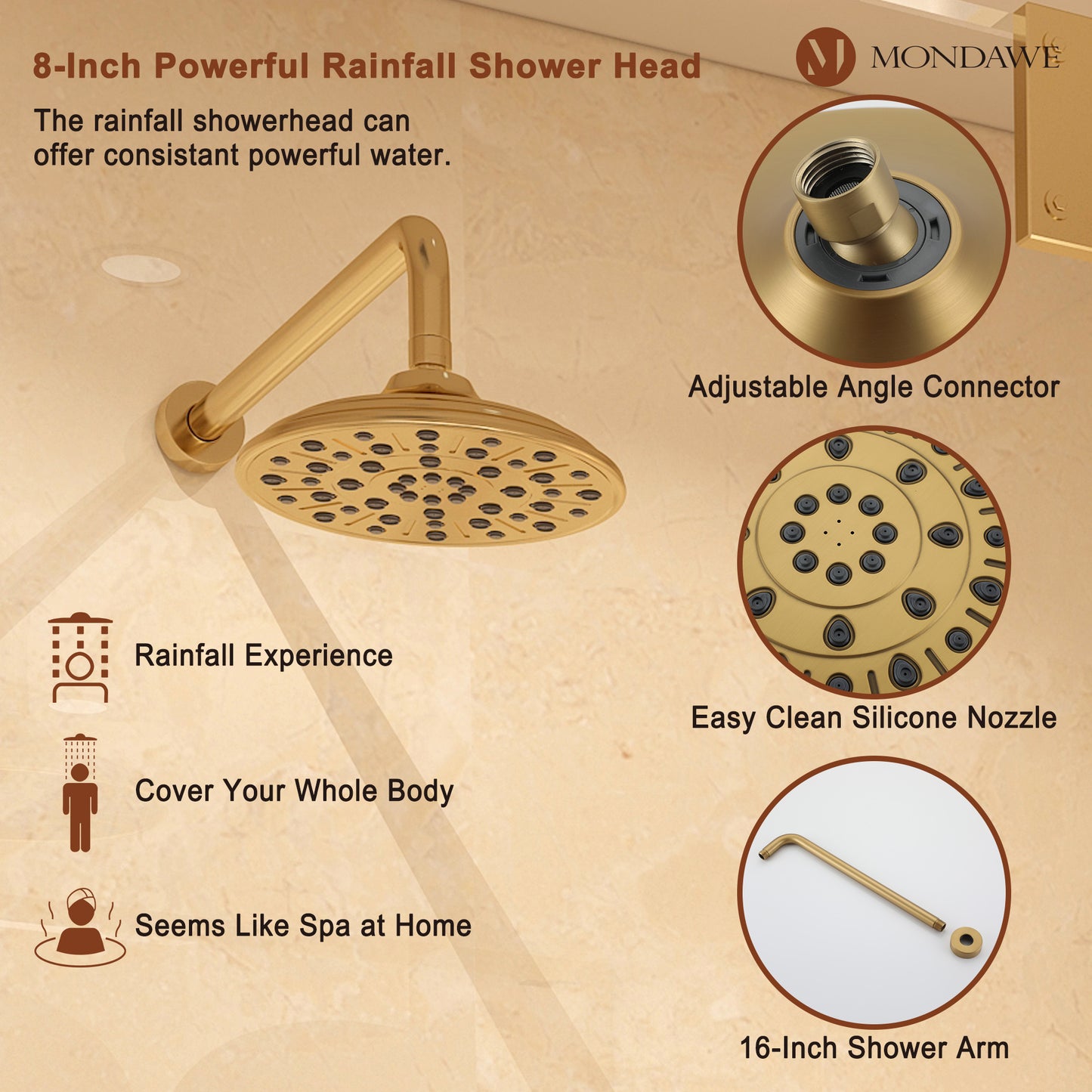 Mondawe Retro Series 2-Spray Patterns with 1.8 GPM 8 in. Rain Wall Mount Dual Shower Heads with Handheld and Spout in Brushed Nickel/ Black/ Bronze/Brushed Gold