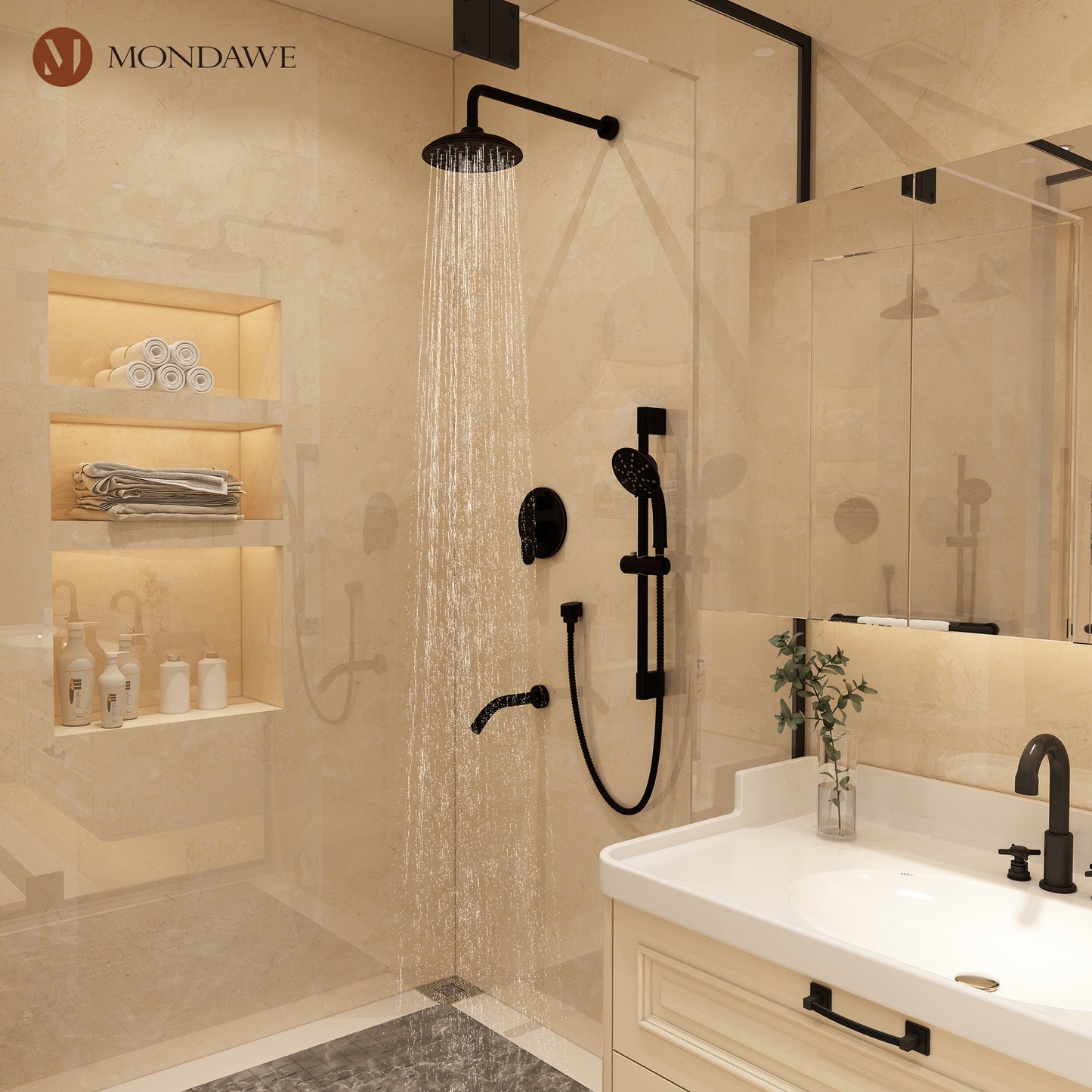 Mondawe Retro Series 3-Spray Patterns with 1.8 GPM 8 in. Rain Wall Mount Dual Shower Heads with Handheld and Spout in Brushed Nickel/ Black/ Bronze/ Gold