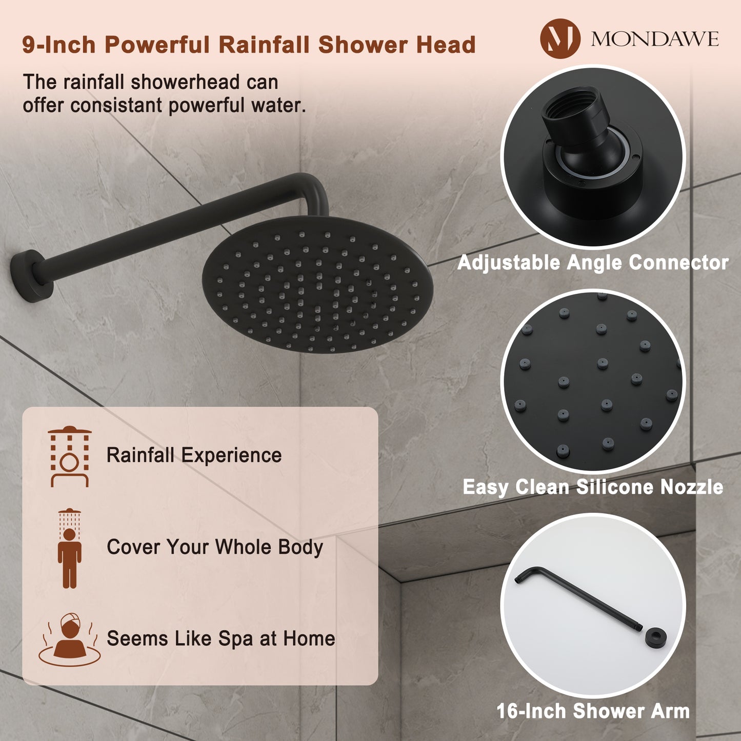 Mondawe Retro Series 2-Spray Patterns with 1.8 GPM 9 in. Rain Wall Mount Dual Shower Heads with Handheld and Spout in Brushed Nickel/ Black/ Bronze/Brushed Gold