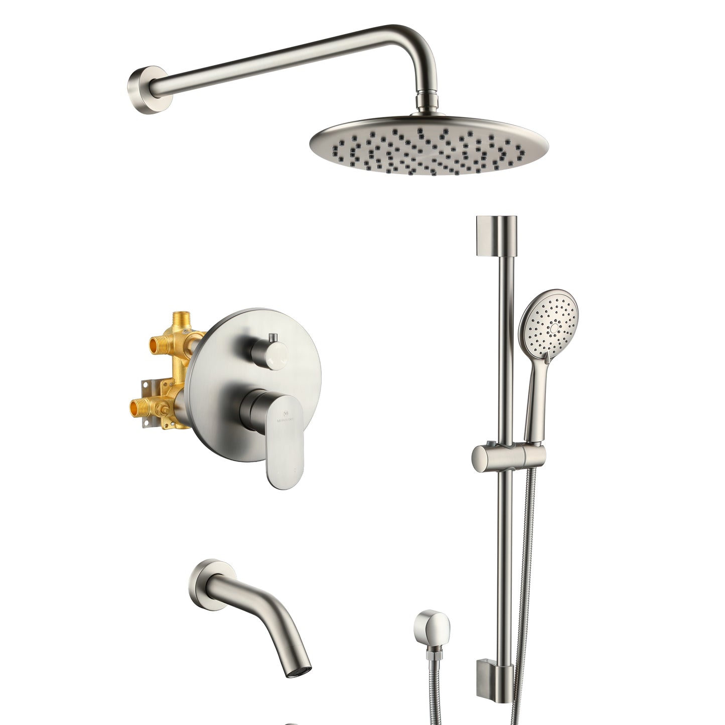 Mondawe Retro Series 3-Spray Patterns with 1.8 GPM 9 in. Rain Wall Mount Dual Shower Heads with Handheld and Spout in Brushed Nickel/ Black/ Bronze/Brushed Gold